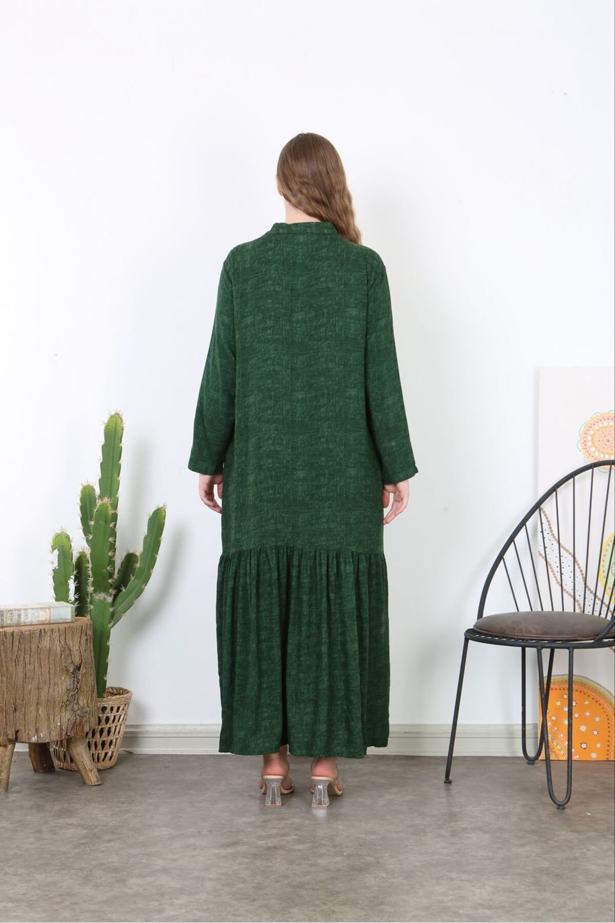 Şans-Women's Plus Size Green Woven Viscose Length Button-Down Long Dress with Pockets 65N38738 5