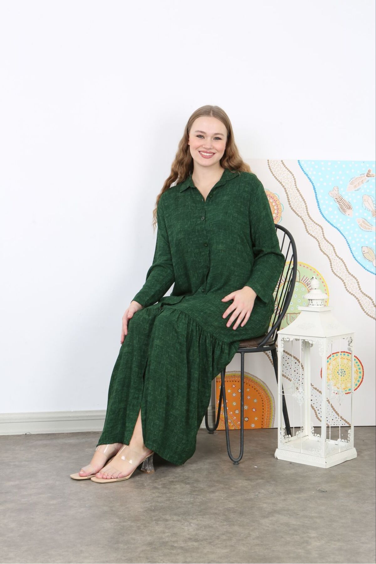 Şans-Women's Plus Size Green Woven Viscose Length Button-Down Long Dress with Pockets 65N38738 2