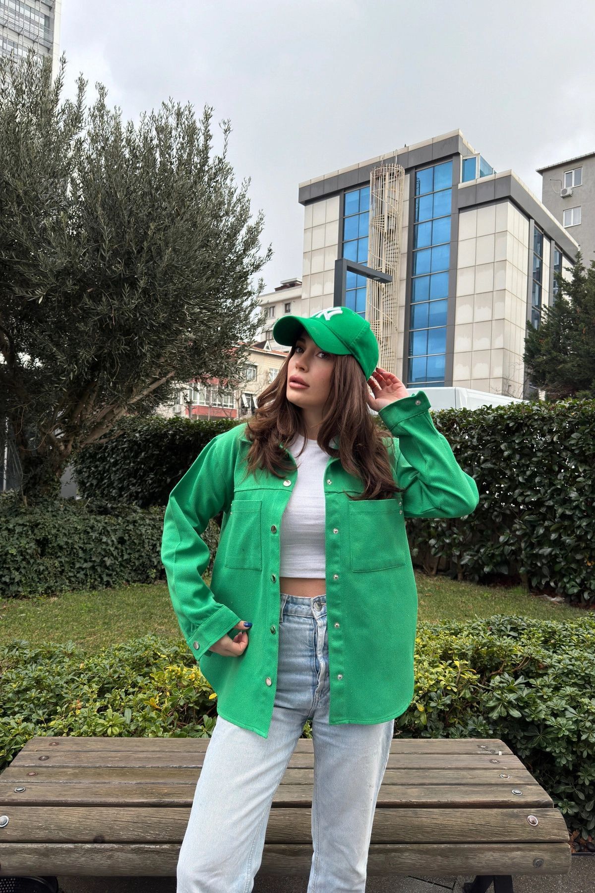 NEW LAVİVA-Women's Green Long Sleeve, Double Pocket, Back Pleat, Oval Cut Hem, Split, Gabardine Shirt Jacket 4