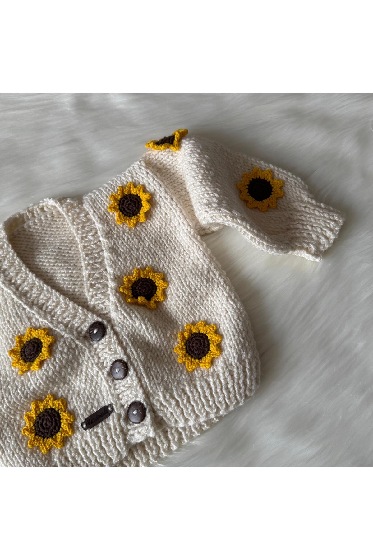 Home El Örgüsü Ayçiçek Motifli Bebek, Çocuk Crop Hırka fotoğrafı 2 (önizleme)