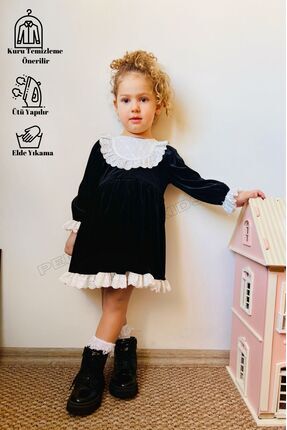 penu baby kids Siyah Kadife Yaka Etek Ve Kol Ucu Dantelli Kız Çocuk Kız Bebek...