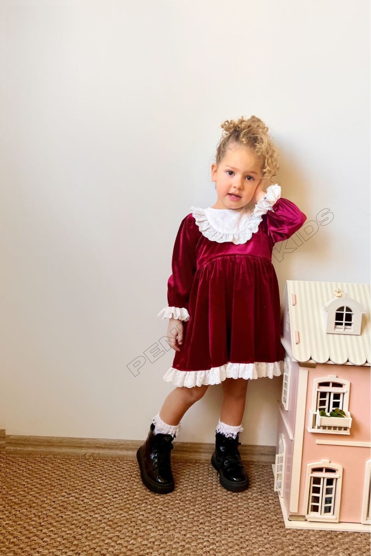 penu baby kids Bordo Kadife Yaka Etek Ve Kol Ucu Dantelli Kız Çocuk Kız Bebek Elbise-LİA fotoğrafı 4 (önizleme)