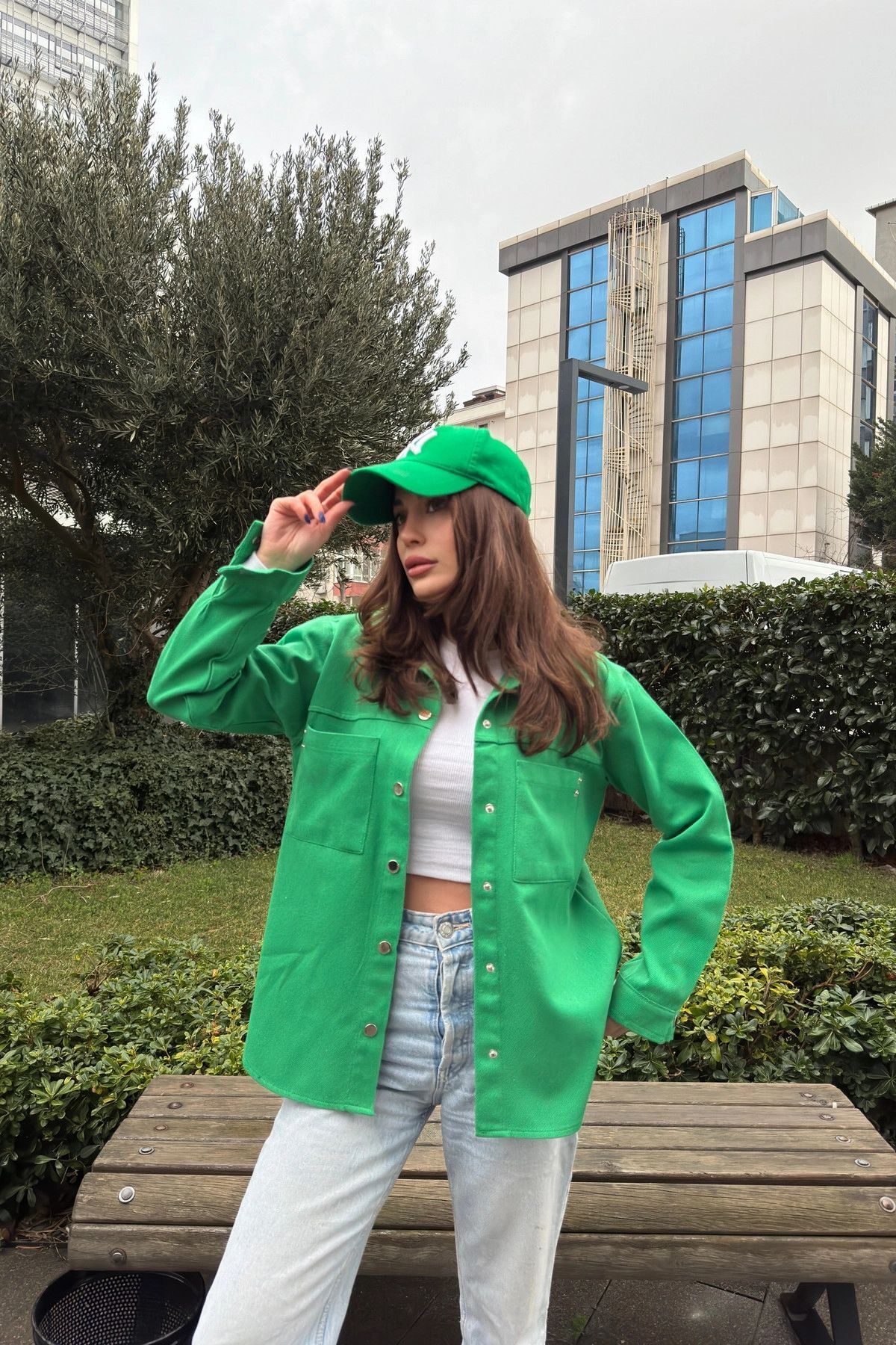 NEW LAVİVA-Women's Green Long Sleeve, Double Pocket, Back Pleat, Oval Cut Hem, Split, Gabardine Shirt Jacket 6