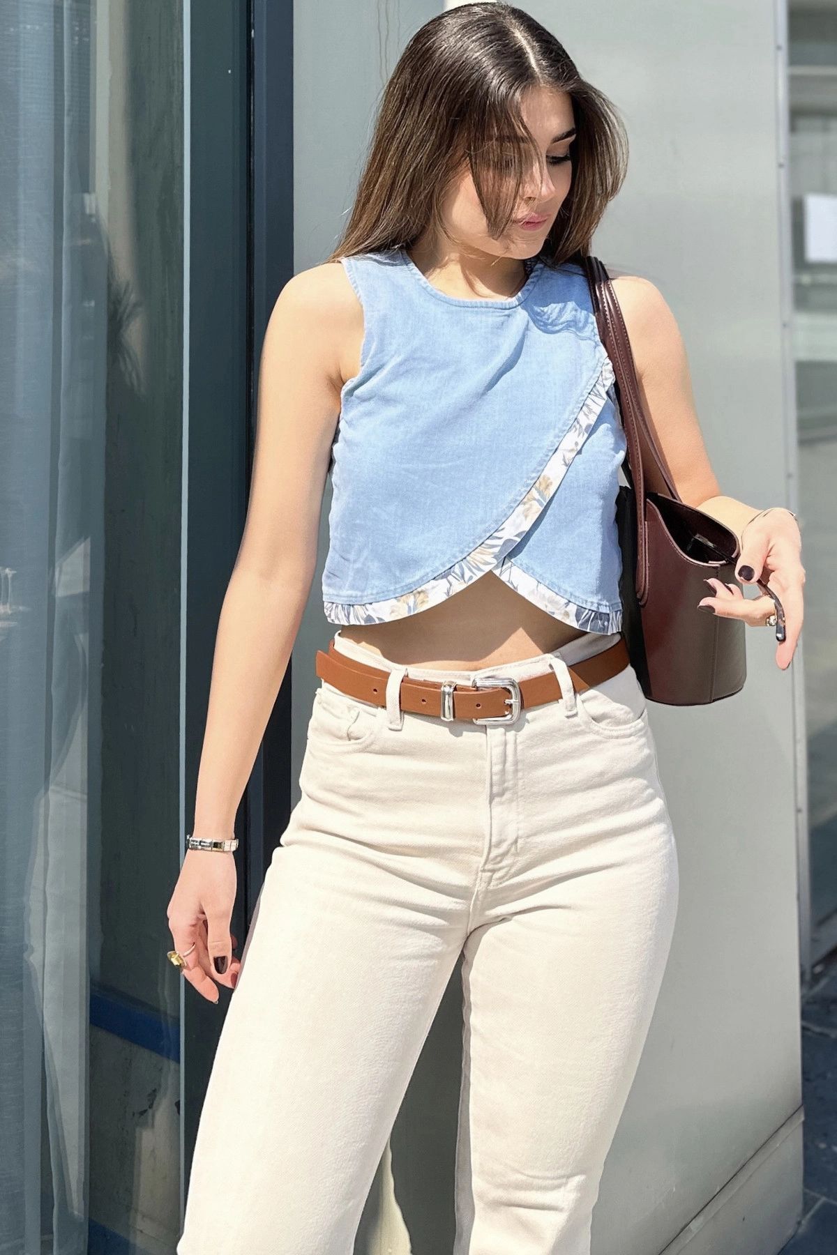 NEW LAVİVA-Bluză de damă, albastră, încrucișată în față, fără mâneci, gât rotund, bluză de denim crop 2