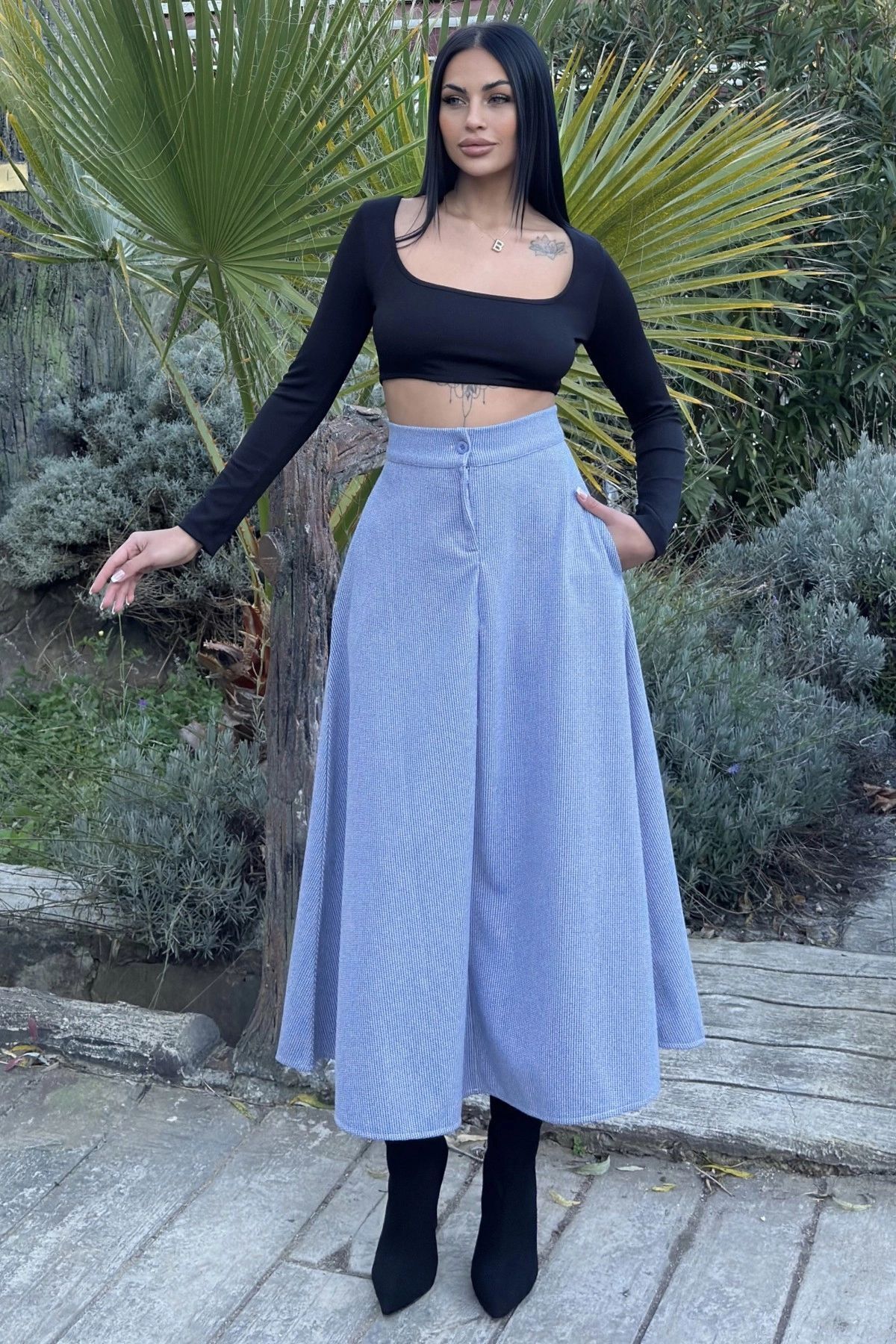 NEW LAVİVA-Blue High Waist, Pockets, Kilos Cutout, Gingham Knitted Stamp Long Skirt 7