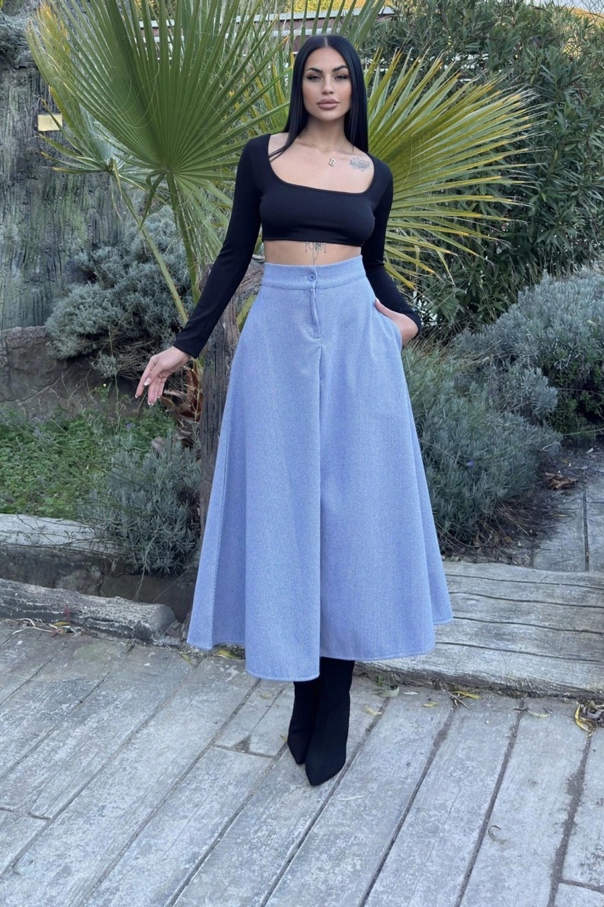 NEW LAVİVA-Blue High Waist, Pockets, Kilos Cutout, Gingham Knitted Stamp Long Skirt 8