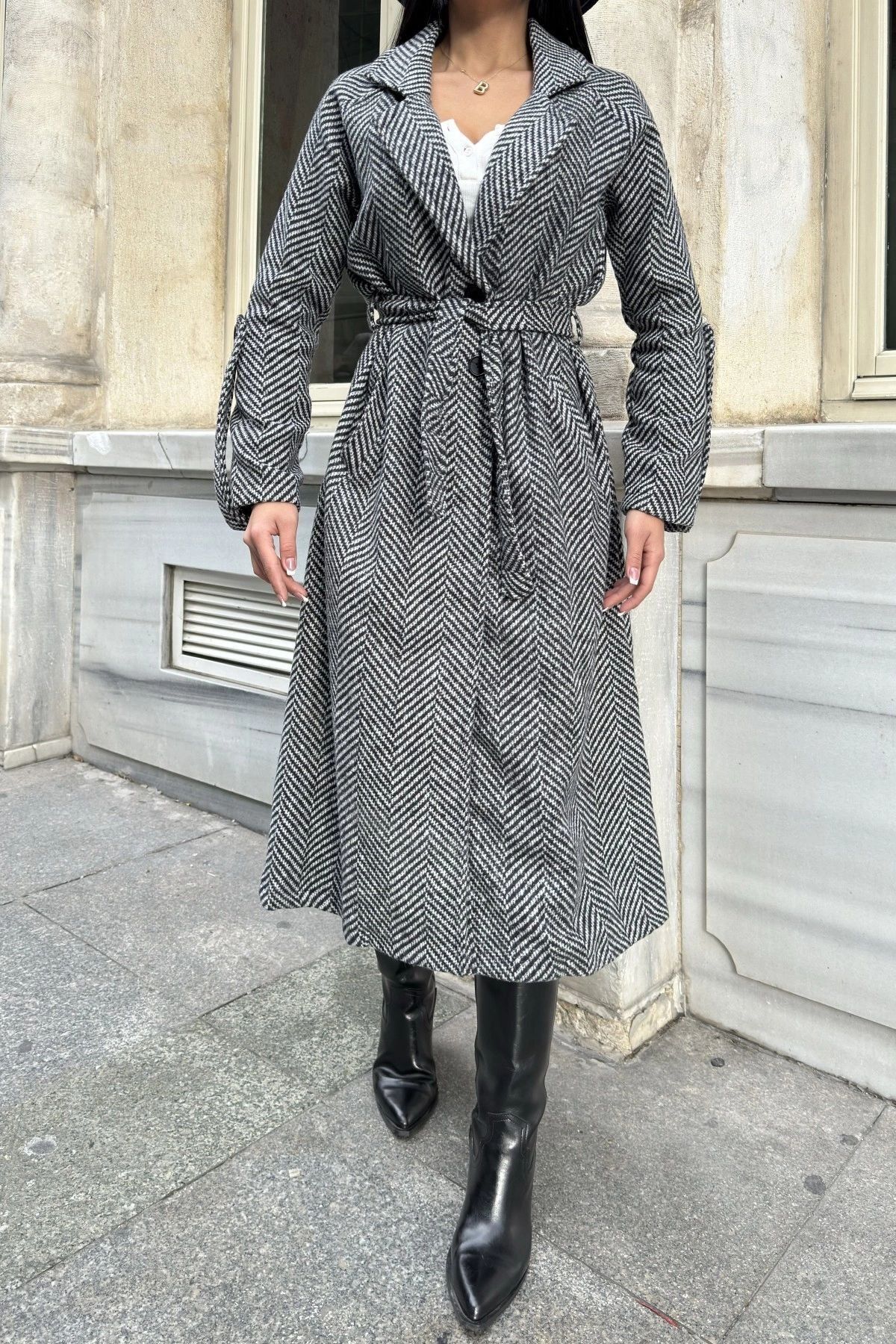 NEW LAVİVA-Black Double-Breasted Neckline, Double Pockets, Waist Belt, Long Herringbone Stamp Coat (No Lining) 7