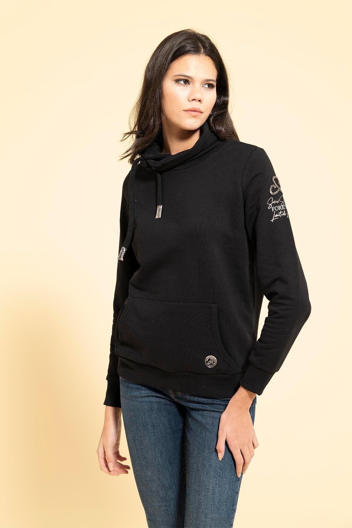 FOR YOU MODA-Collar Cord Detailed Kangaroo Pocket Black Sweatshirt 2