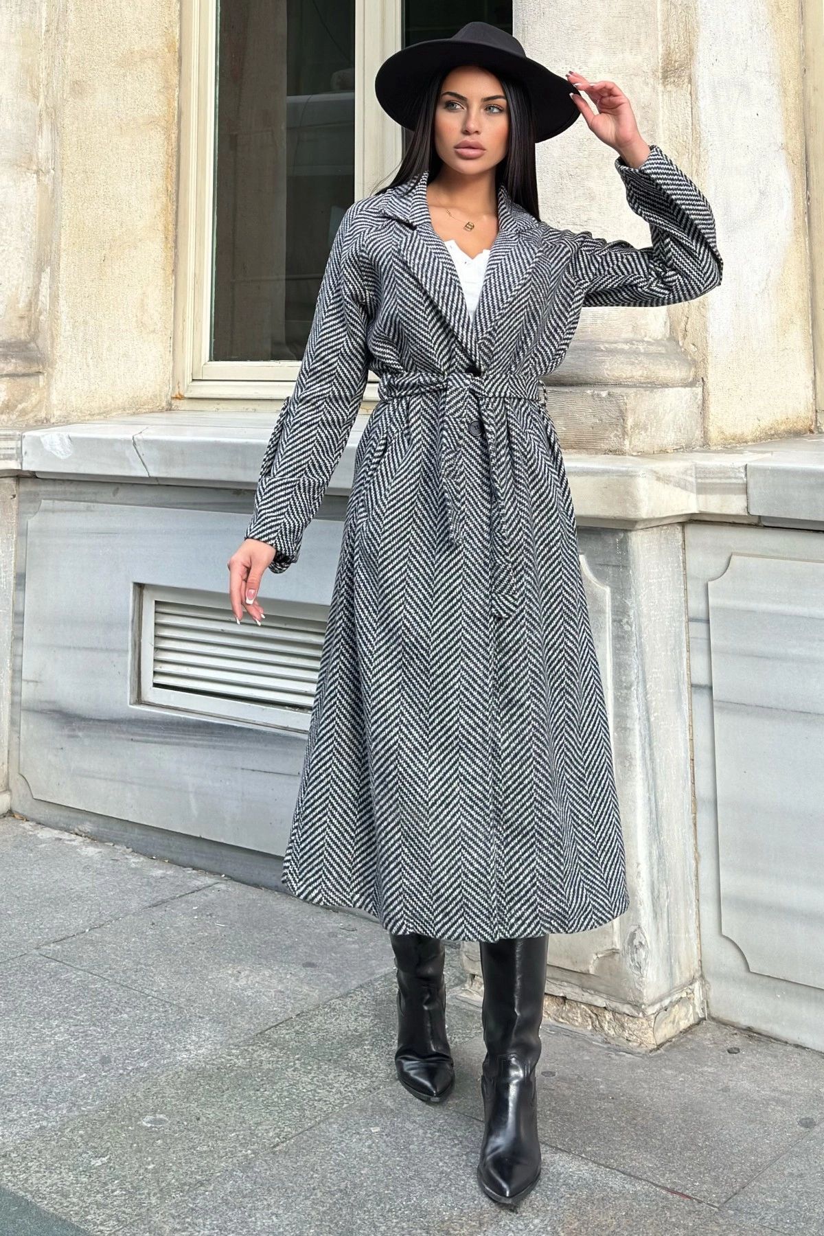 NEW LAVİVA-Black Double-Breasted Neckline, Double Pockets, Waist Belt, Long Herringbone Stamp Coat (No Lining) 6