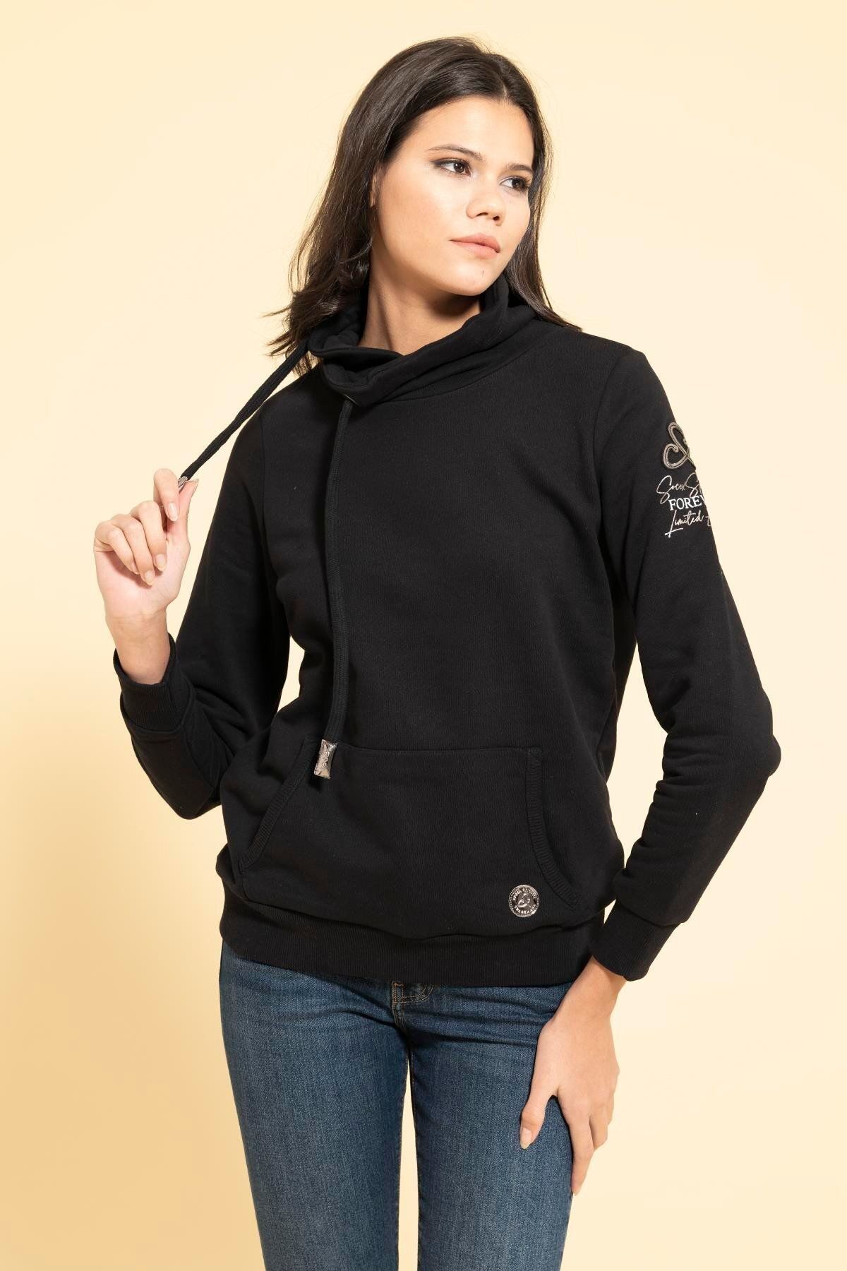 FOR YOU MODA-Collar Cord Detailed Kangaroo Pocket Black Sweatshirt 5