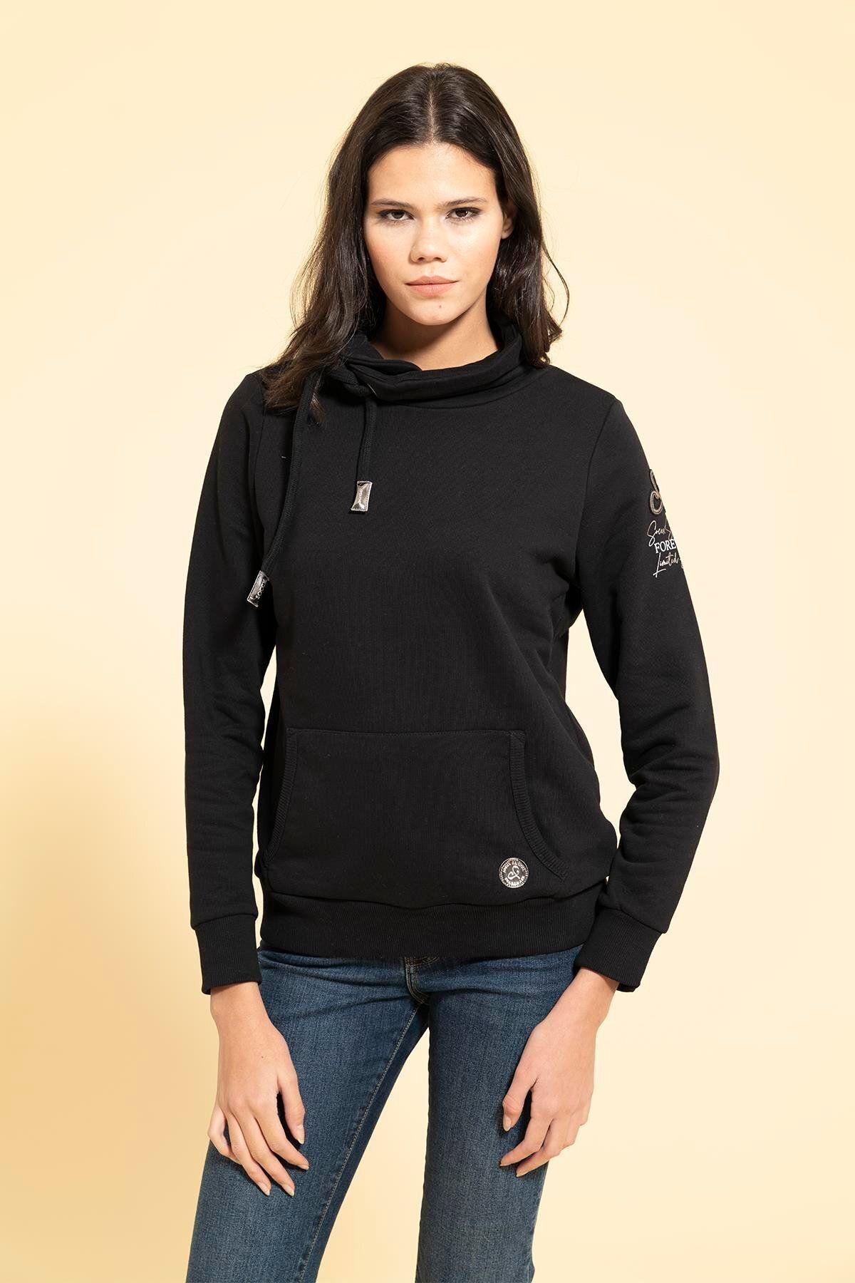 FOR YOU MODA-Collar Cord Detailed Kangaroo Pocket Black Sweatshirt 4