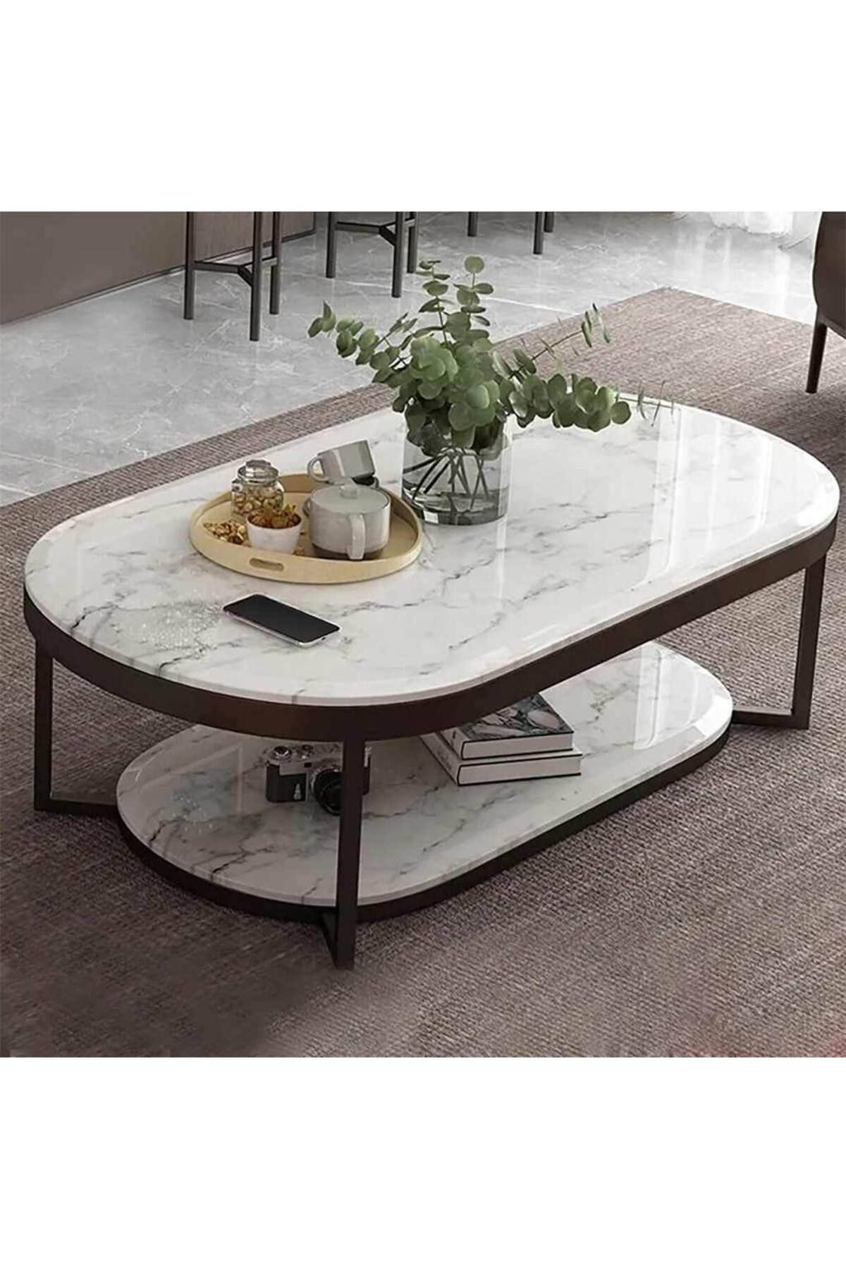 Generic-طاولة قهوة خشب رخامي وحديد أسود و أبيض - 120×70×50 سم 1