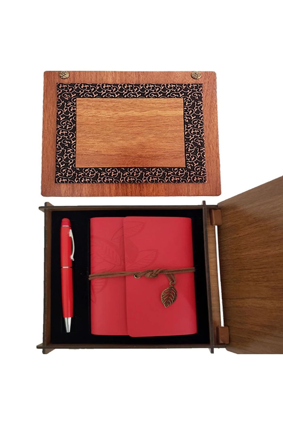 Mu Art Ahşap Kutulu Kırmızı Deri Defter Ve Metal Kalem Set