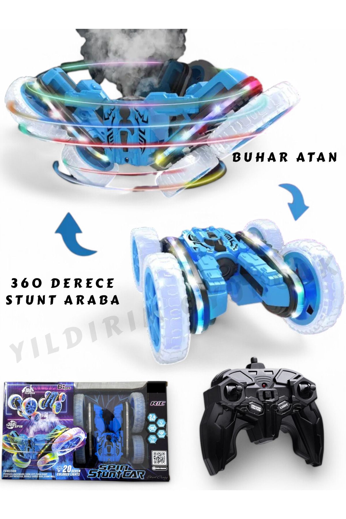 Uzaktan Kumandalı Full Fonksiyon Şarjlı Işıklı, Buharlı Sprey Atan 360 Stunt Araba Akrobatik Ledli