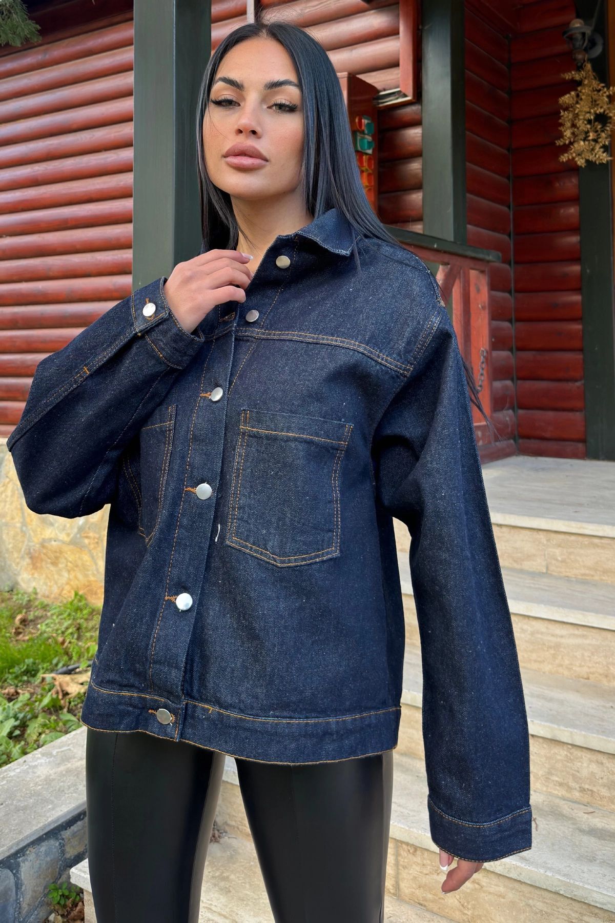 Genel Markalar  Lacivert Denim Color, Apaş Yaka, Çift Cepli, Kaliteli Jeans Kumaş, Salaş Kot Ceket - Görsel 4