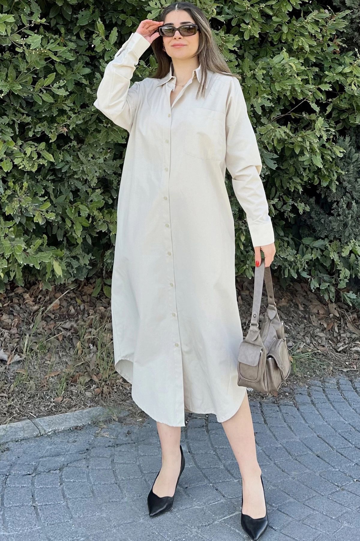 NEW LAVİVA-Ecru Poplin Shirt Dress - Long Sleeve, Oval Skirt, Loose and Tall 6