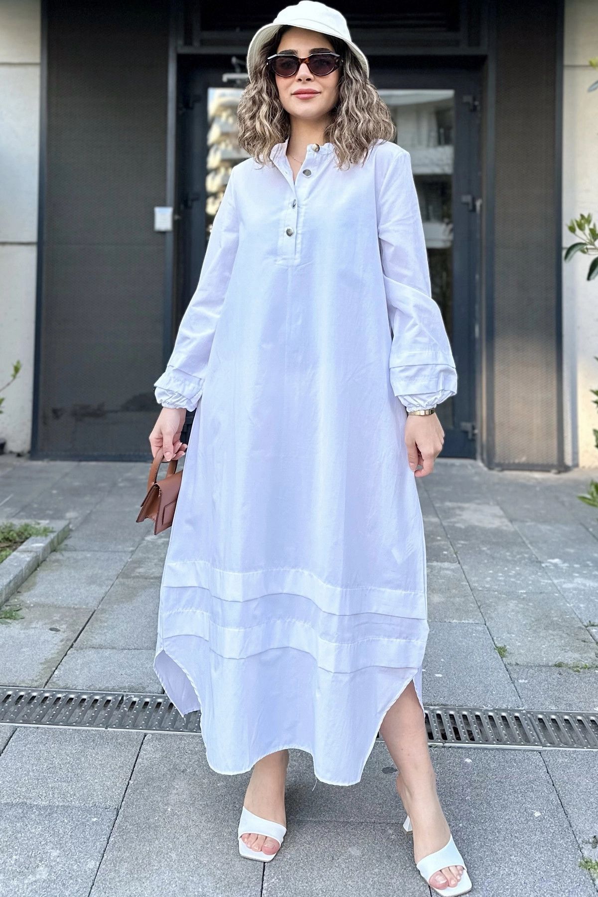 NEW LAVİVA-White Layered Fabric High Neck Long Dress - Elastic Balloon Sleeve and Skirt 8