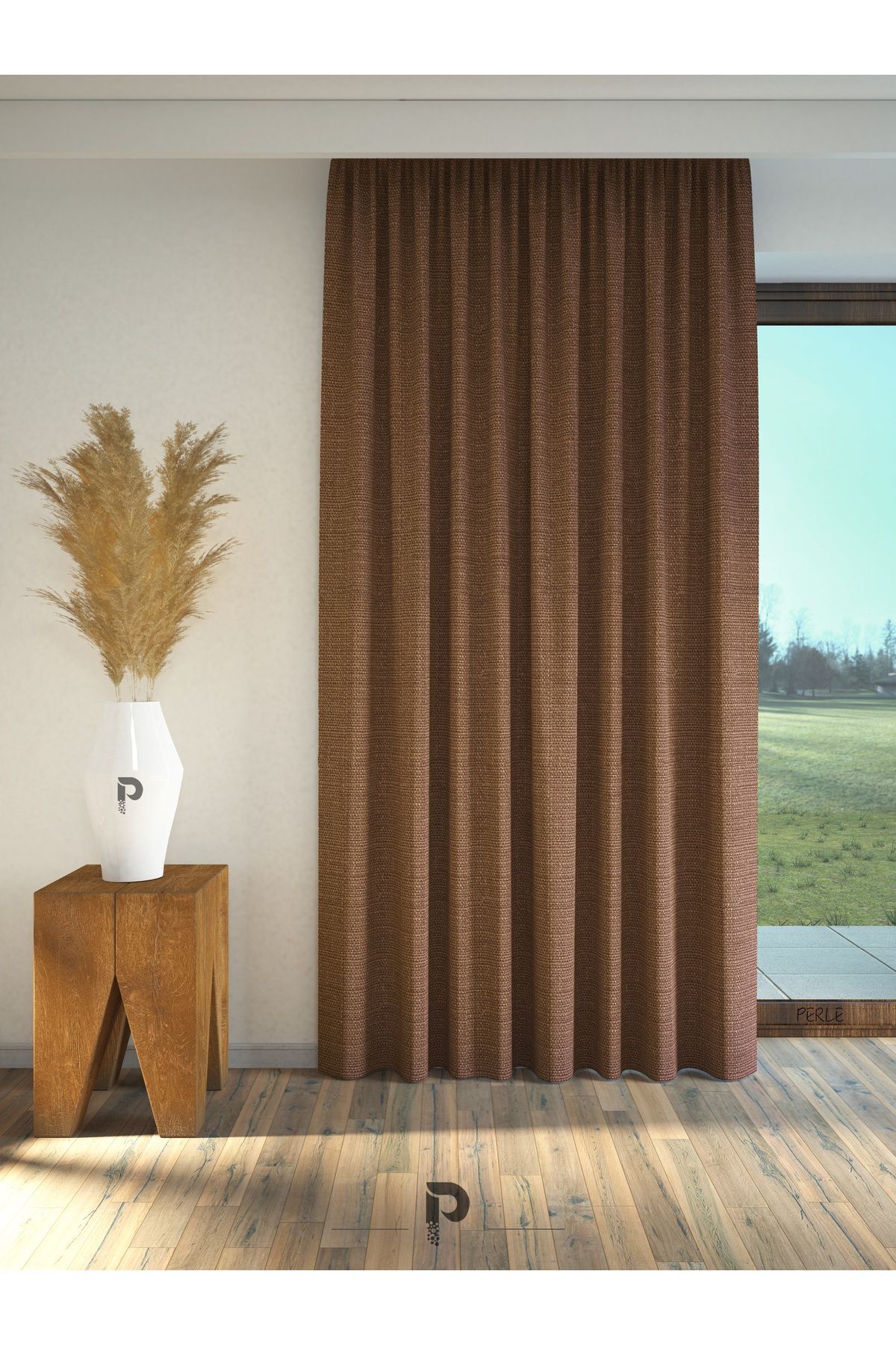 Perle-Linen Textured Milky Brown Background Curtain - Extraphore Gathered 2