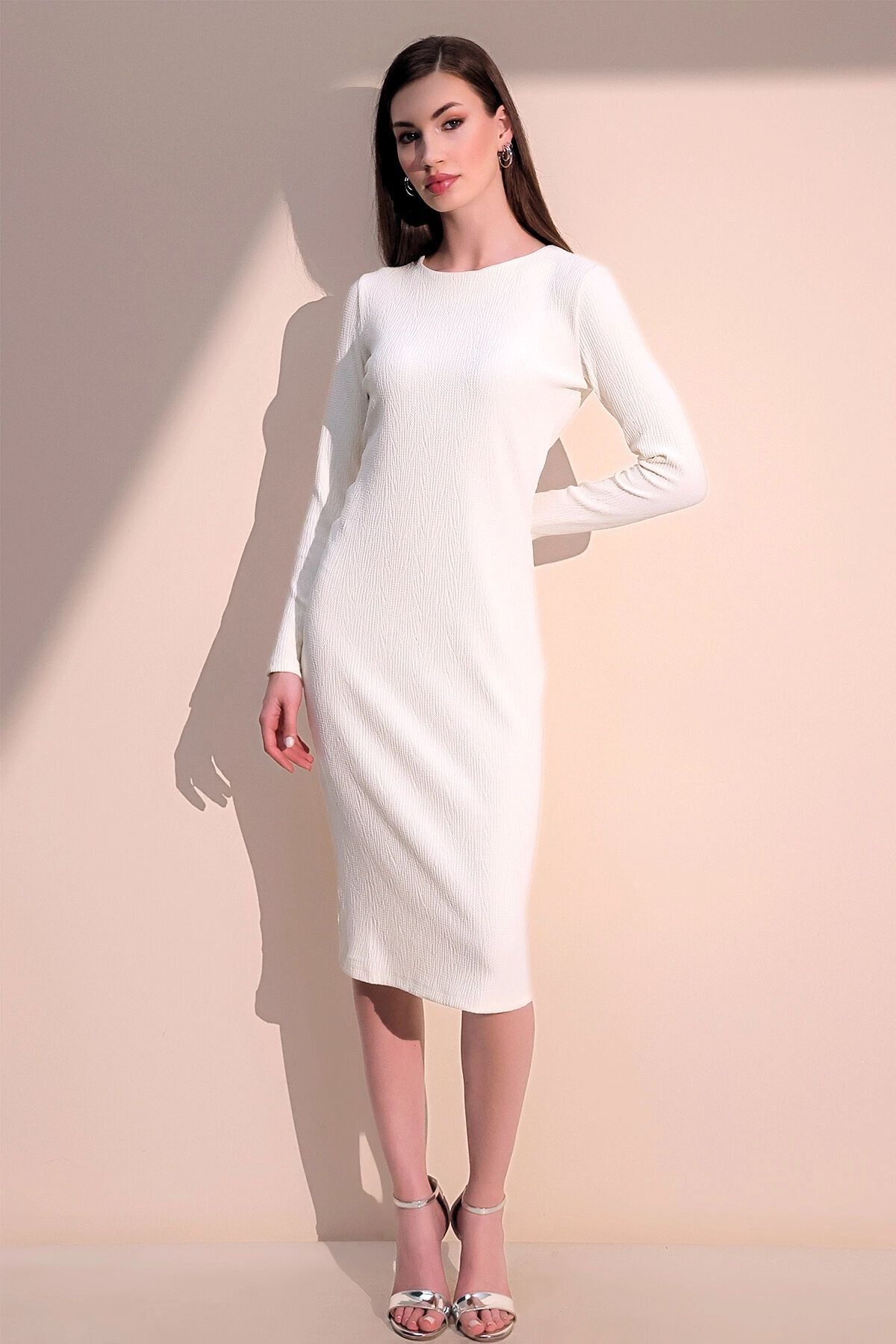 NEW LAVİVA-Women's Ecru & White Long Sleeve Quality Self Textured Fabric Gathered Back Knee Length Dress 4