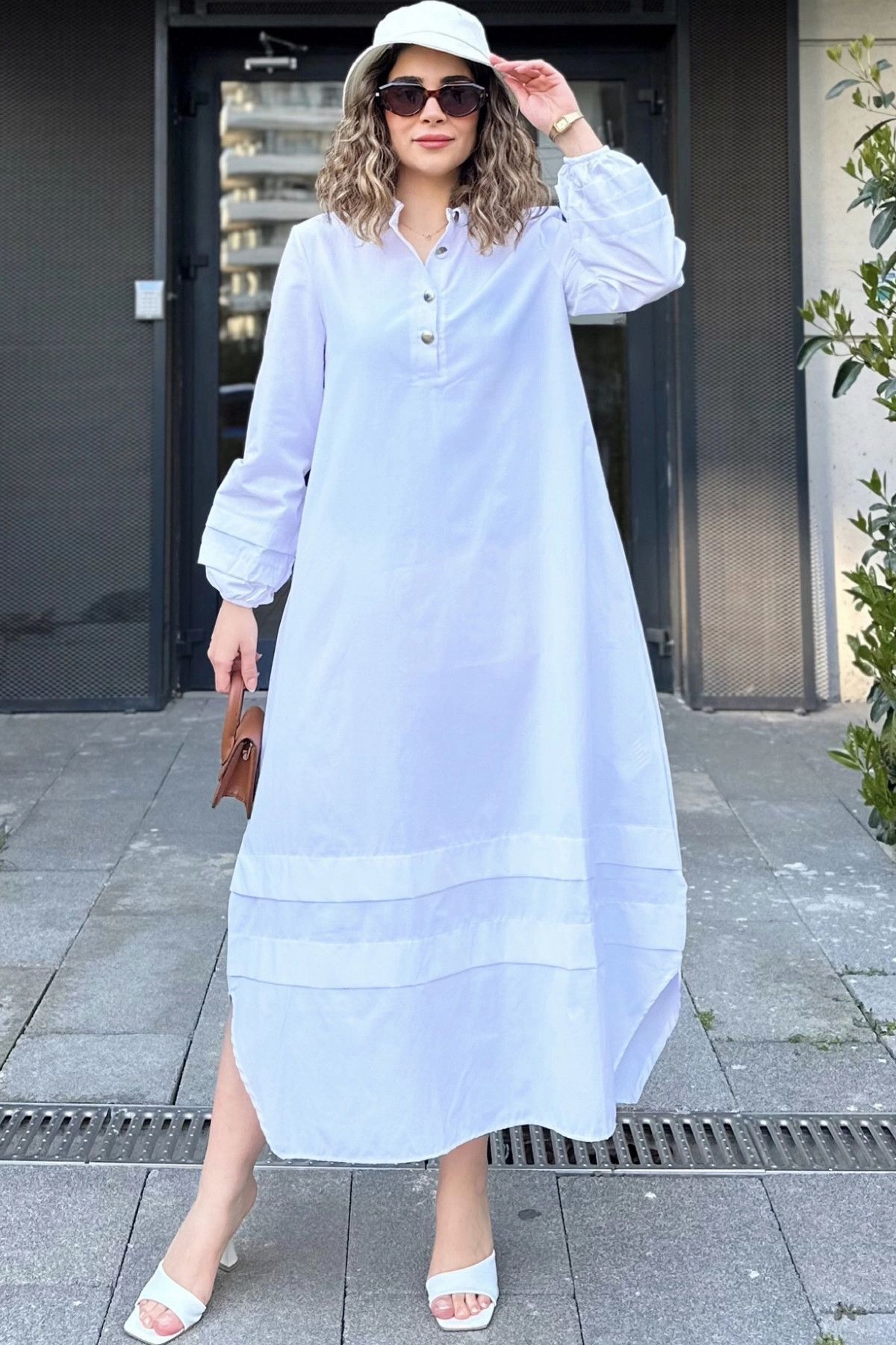 NEW LAVİVA-White Layered Fabric High Neck Long Dress - Elastic Balloon Sleeve and Skirt 4