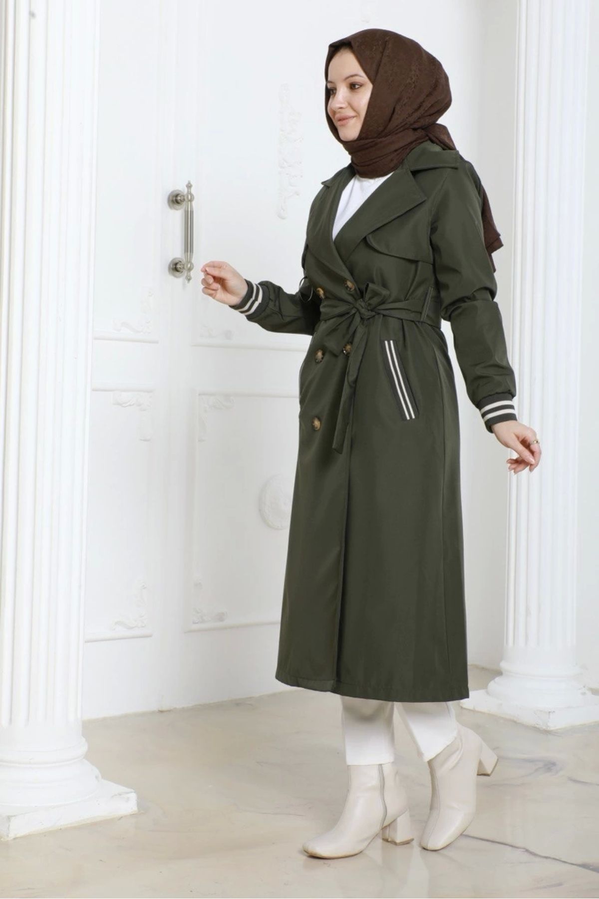 Nevayla Moda-Bondit Fabric Ribbed Long Trench Coat / Khaki - M0110 3