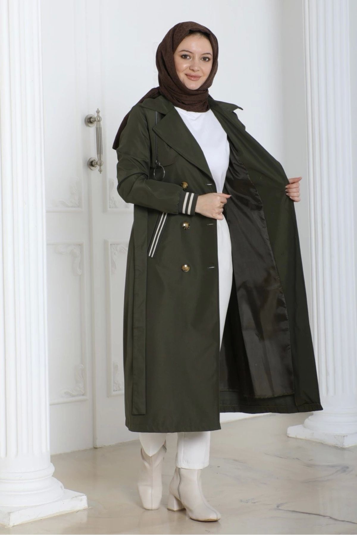 Nevayla Moda-Bondit Fabric Ribbed Long Trench Coat / Khaki - M0110 7