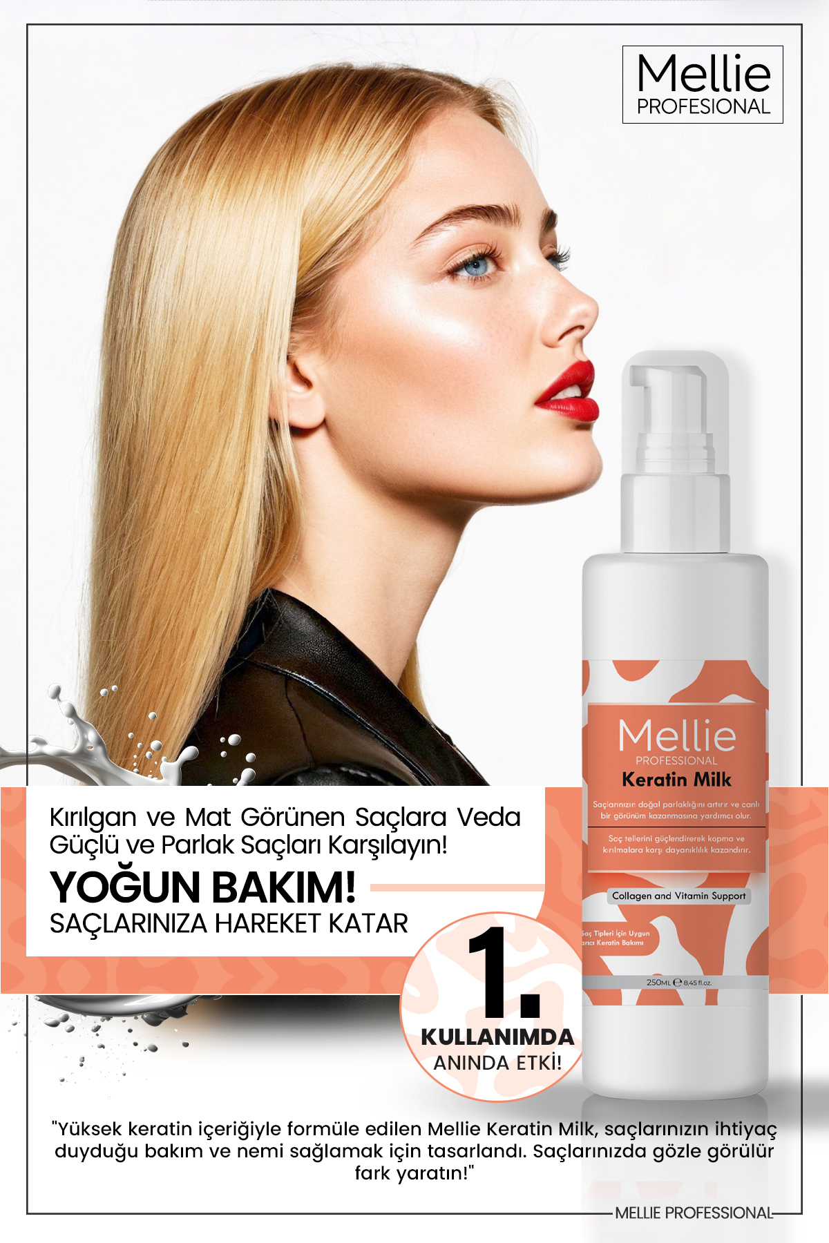 Keratin Saç Bakım Sütü, Biotin ve Collagen İçeren Besleyici ve Onarıcı, Durulama Gerektirmez 250ML — mellie003_keratin — تصویر 2 از 5