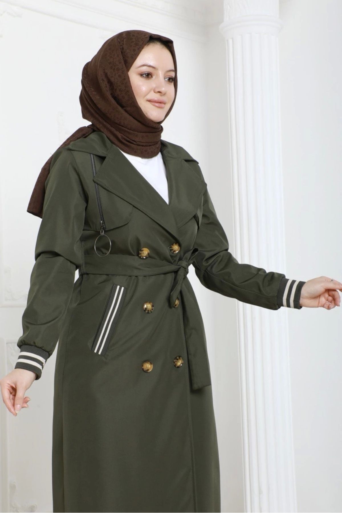 Nevayla Moda-Bondit Fabric Ribbed Long Trench Coat / Khaki - M0110 4