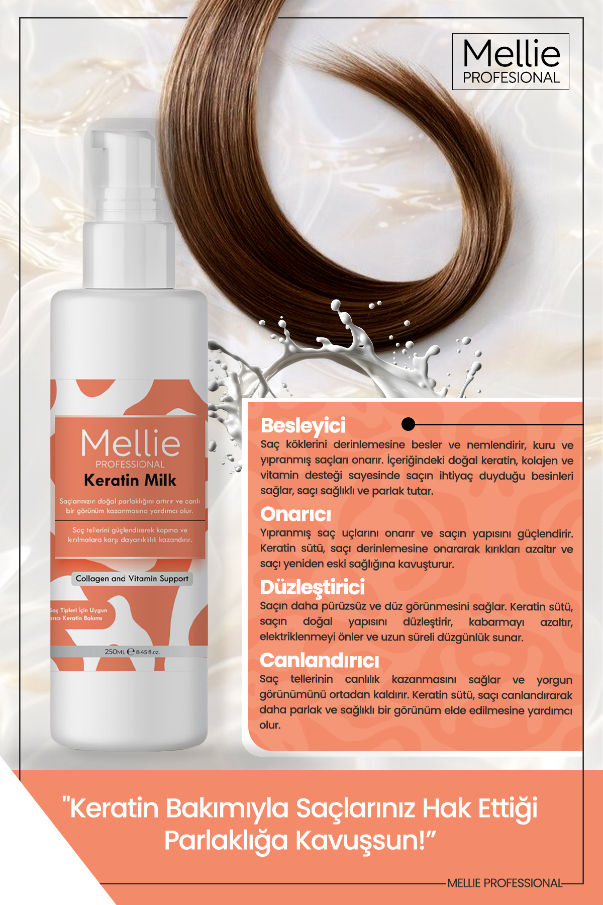 Keratin Saç Bakım Sütü, Biotin ve Collagen İçeren Besleyici ve Onarıcı, Durulama Gerektirmez 250ML — mellie003_keratin — تصویر 4 از 5
