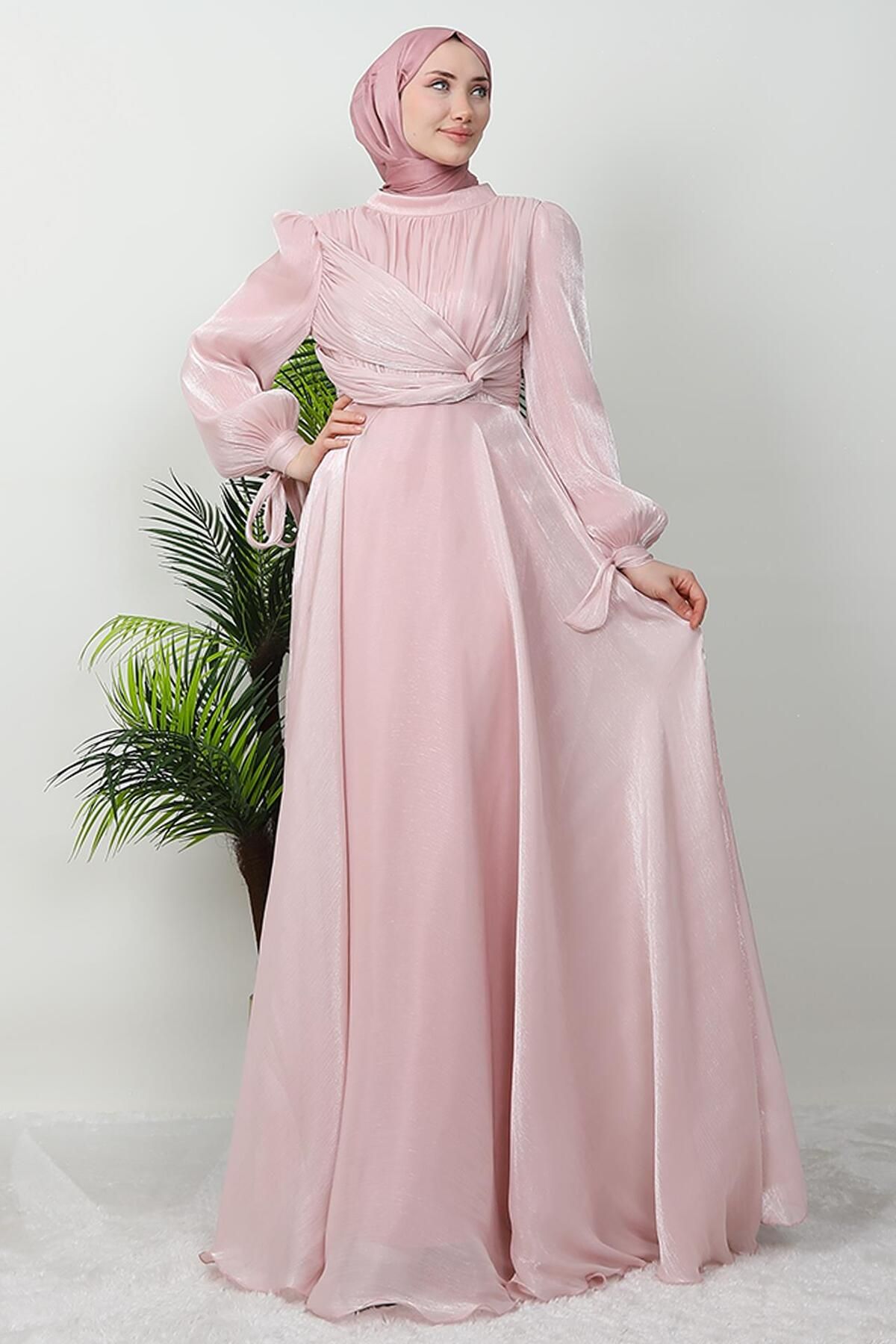 GİYZAMİLA-Lily Silk Evening Dress Powder 3