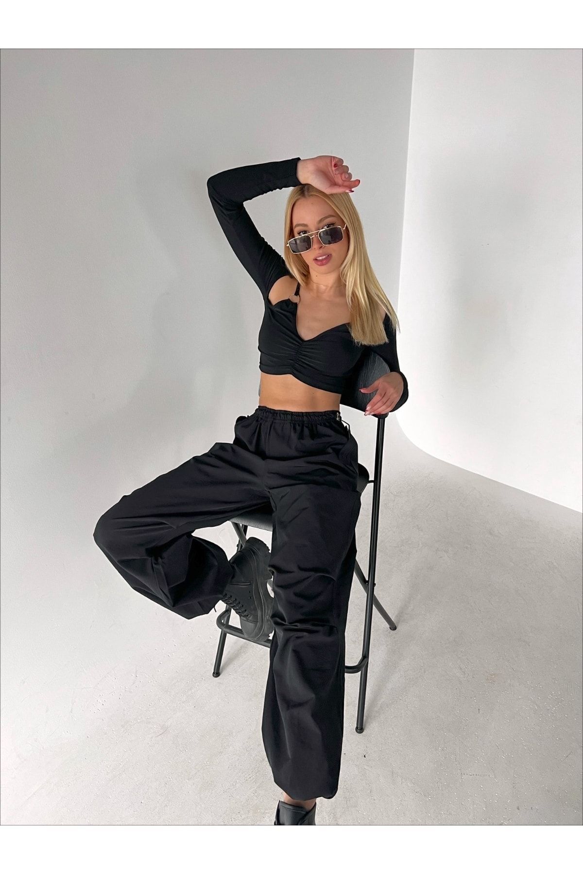 Pantalon en tissu parachute taille haute noir - Görsel 3