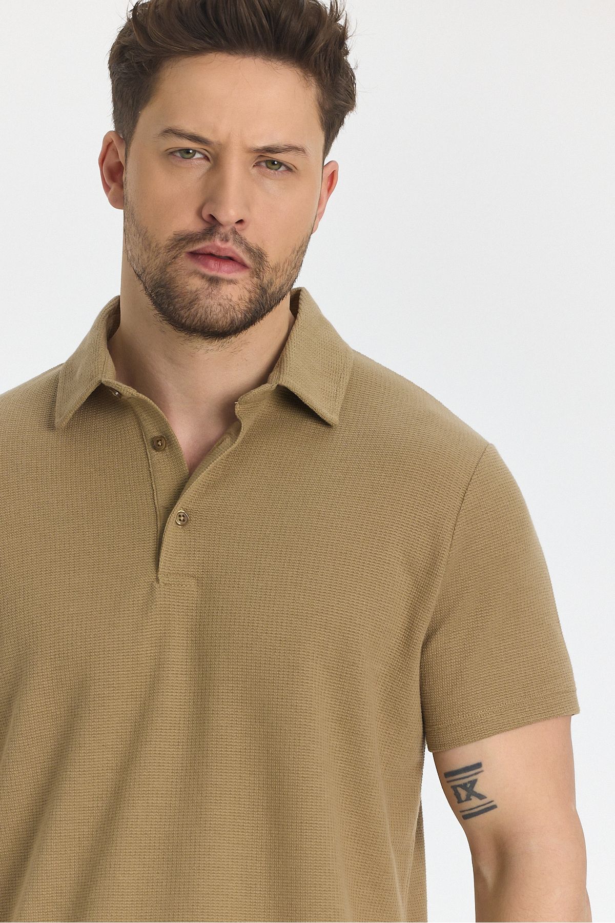 Frappoli-Jaguar Men's Polo Neck T-Shirt - Camel Color, Cotton Blend, Non-Drawing Lycra, Slit Detail, Slim Fit 2