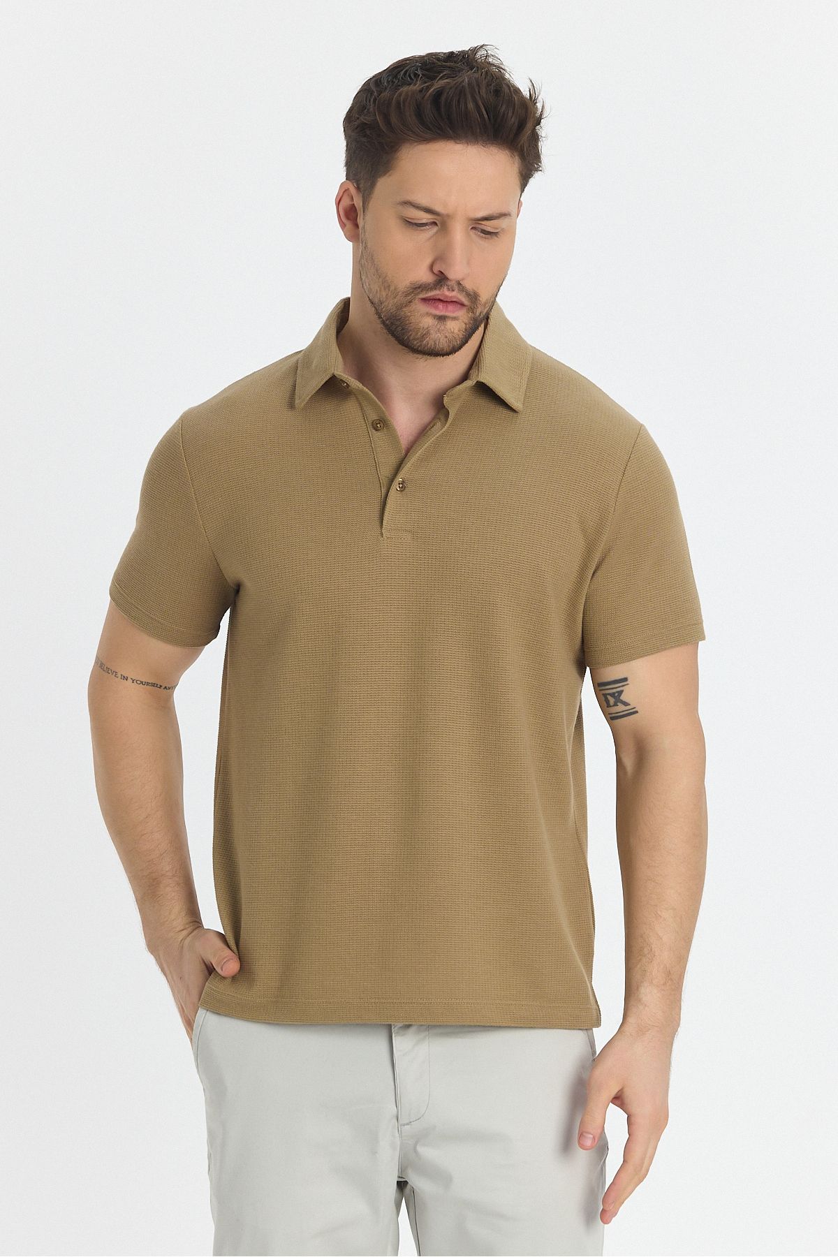 Frappoli-Jaguar Men's Polo Neck T-Shirt - Camel Color, Cotton Blend, Non-Drawing Lycra, Slit Detail, Slim Fit 3