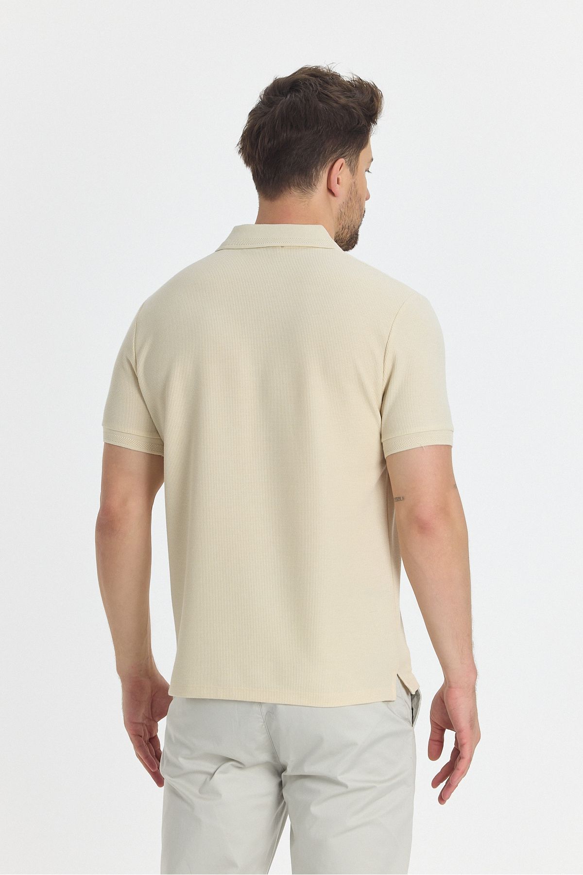 Frappoli-Walfer Men's Polo Neck T-Shirt - Light Beige, Lycra Cotton, Lapel Detail, Slim Fit, No Curl 5