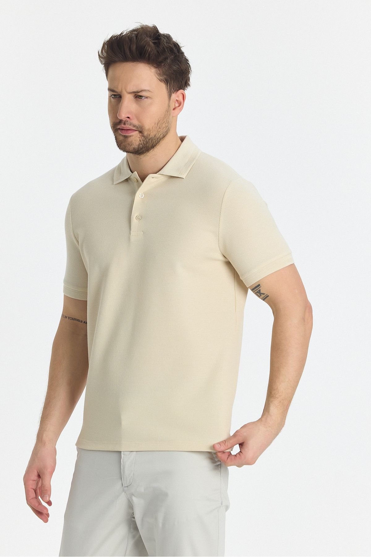 Frappoli-Walfer Men's Polo Neck T-Shirt - Light Beige, Lycra Cotton, Lapel Detail, Slim Fit, No Curl 3