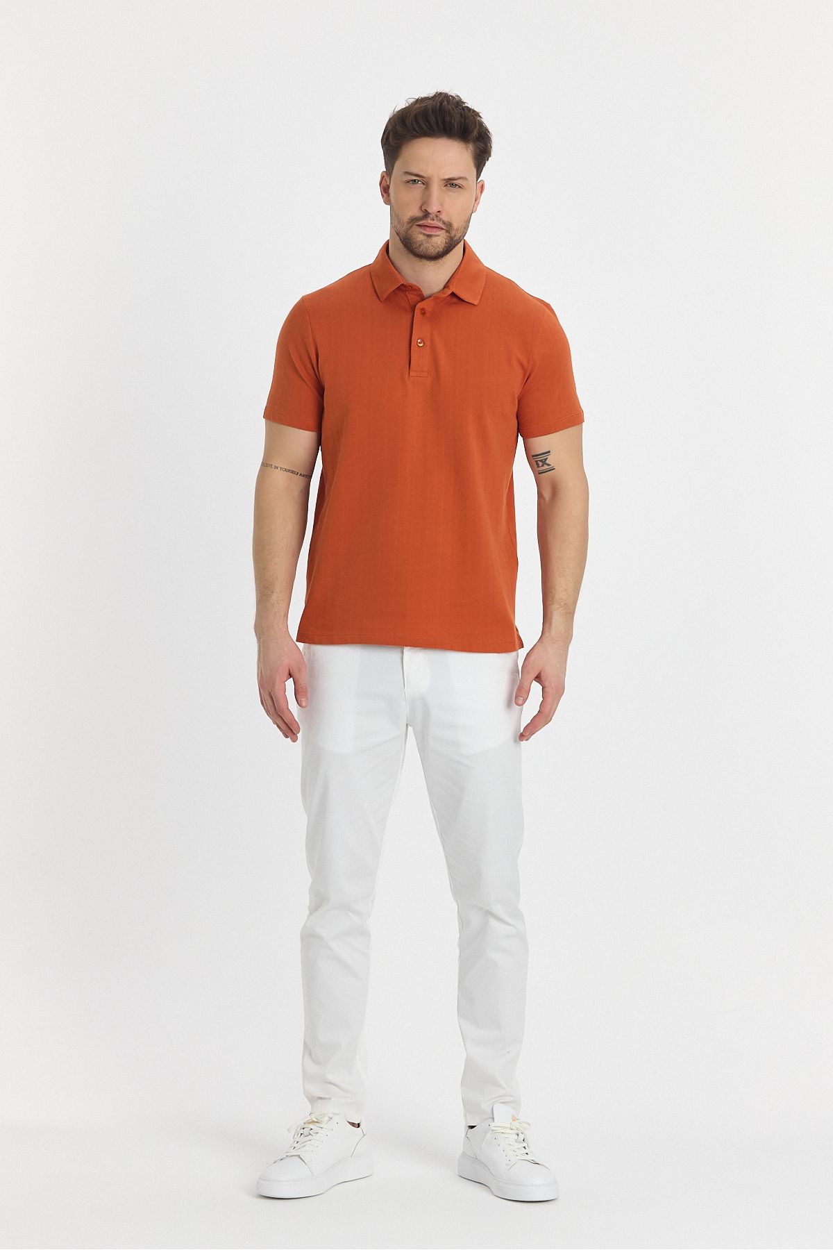 Frappoli-Luceroo Men's Orange 100% Cotton Non-Shrink Fabric Slim Fit Slim Fit Polo Neck T-Shirt 6