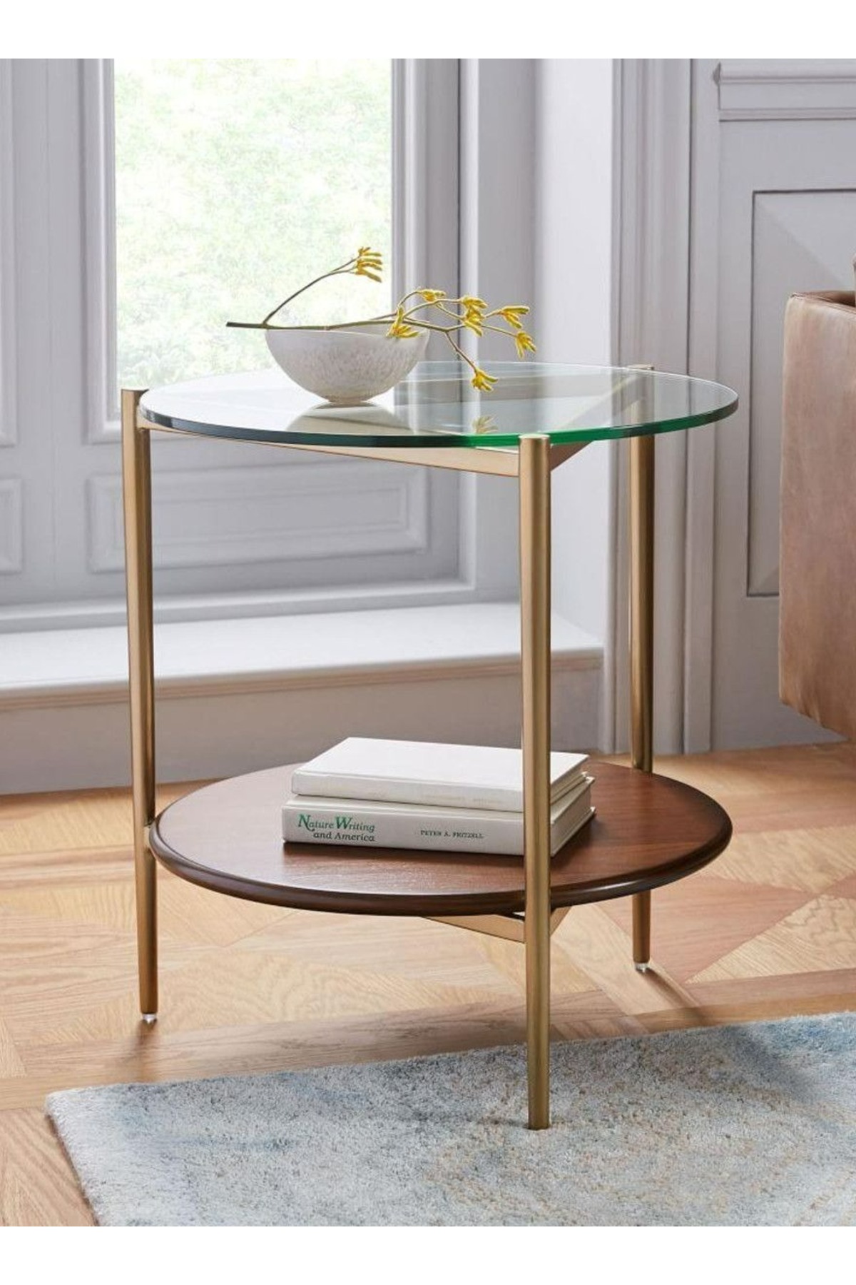 طاولة جانبية معدن وزجاج وخشب ام دي اف ذهبي وبني - 50×50×60 سم