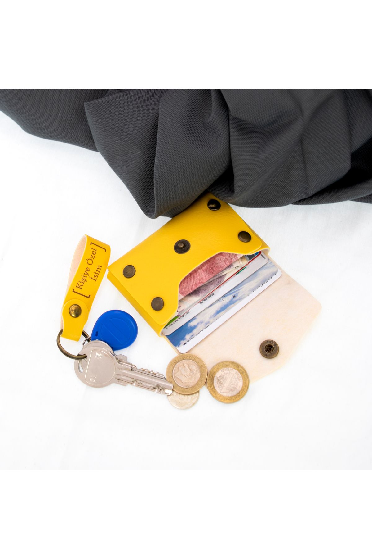 Miaju-Yellow Color, Custom Your Name Question Mark Pattern Wallet and Keychain Set, Personal Gift Set 6
