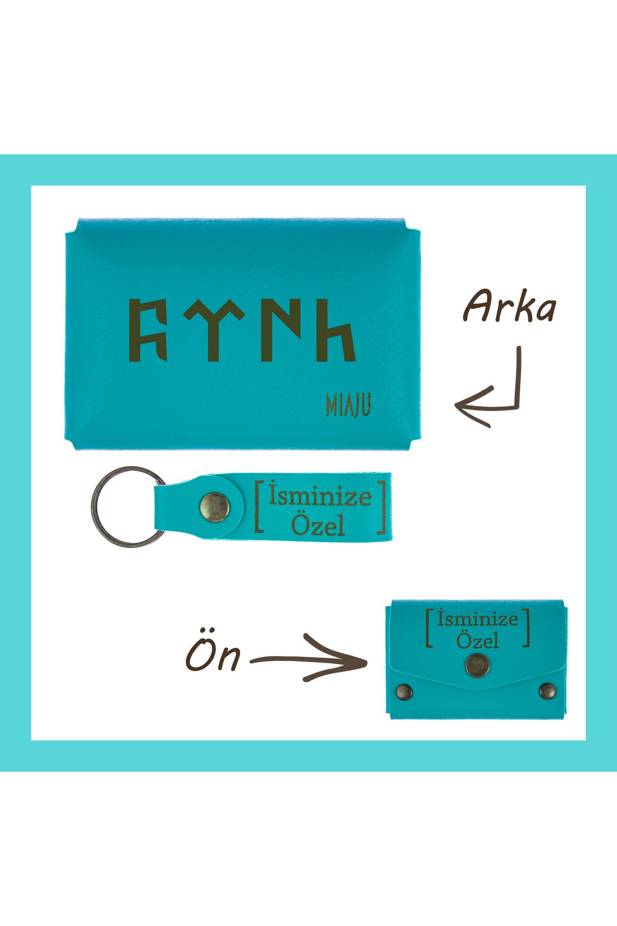 Miaju-Dark Turquoise, Custom Wallet & Keychain Set Crafted with Gokturk Alphabet for Fall in Love with History 1