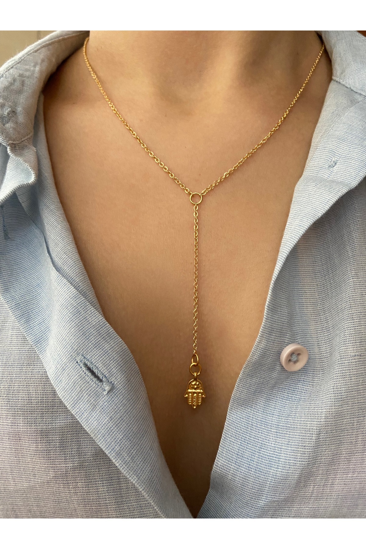 Gold Hamsa Charm Dekolte Y Altın Kaplama Kadın Kolye (45 + 6 Cm) – Sevgililer Günü Özel - Detay Görseli 3