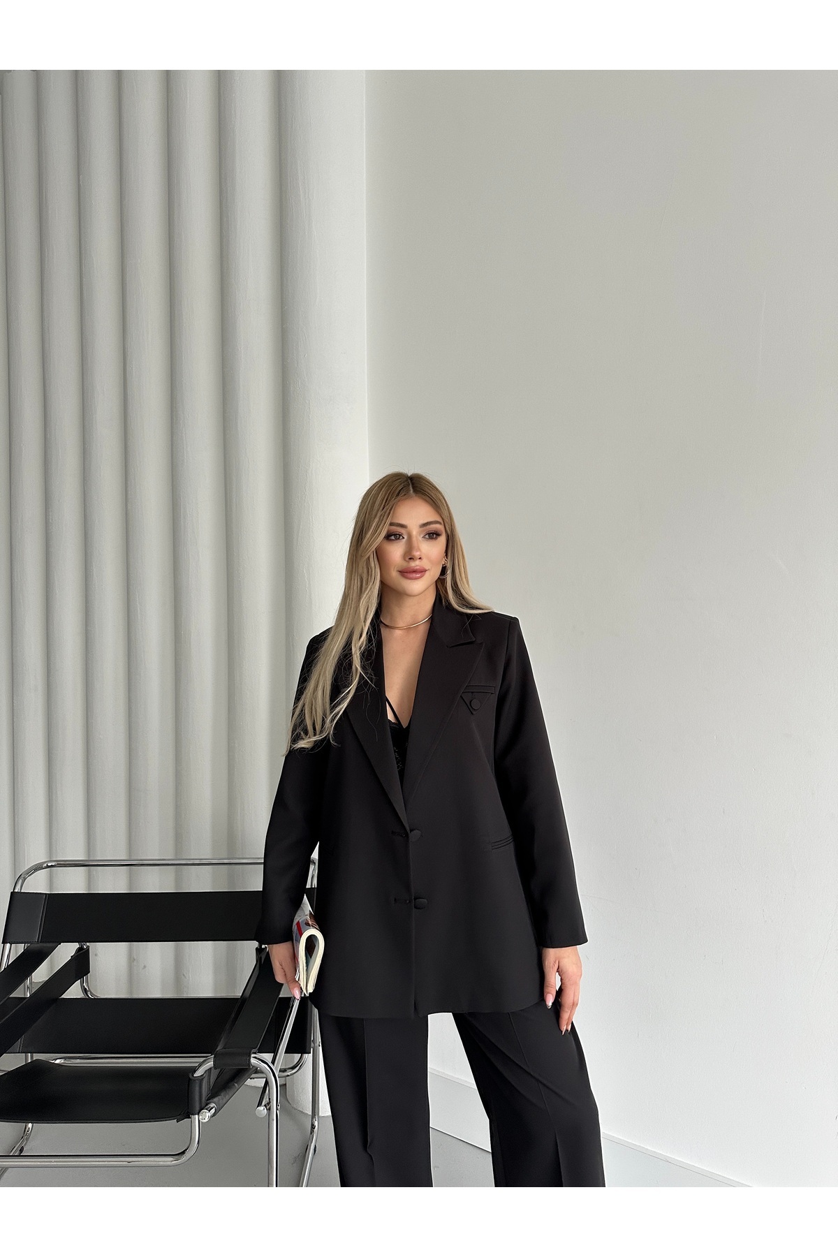 HOEK Kadın Siyah Düğme Detay Blazer Ceket Pantolon Takım Elbise