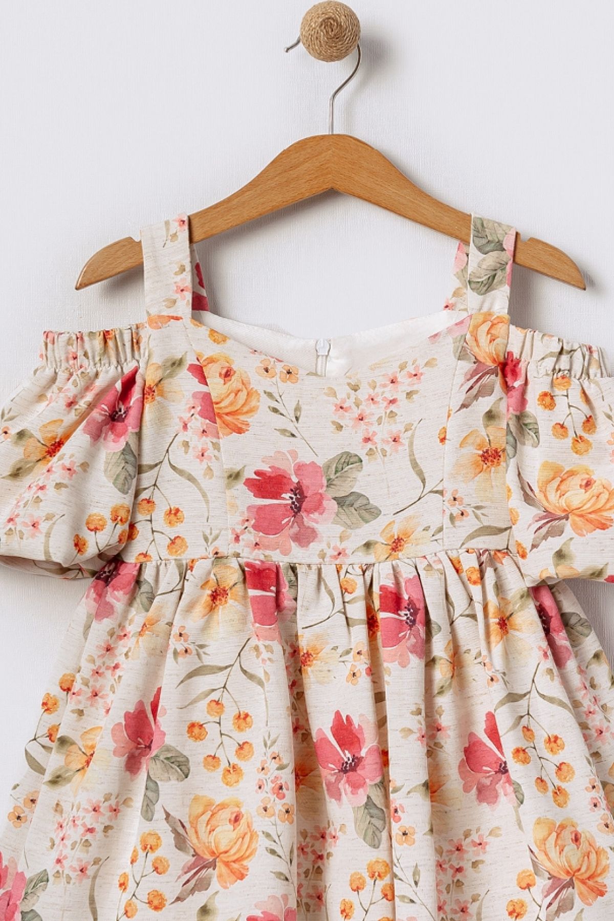 Bebüş-Off-The-Shoulder Rubber Detailed Thick Straps Flared Cutout Flower Print Girls' Dress 15662 2