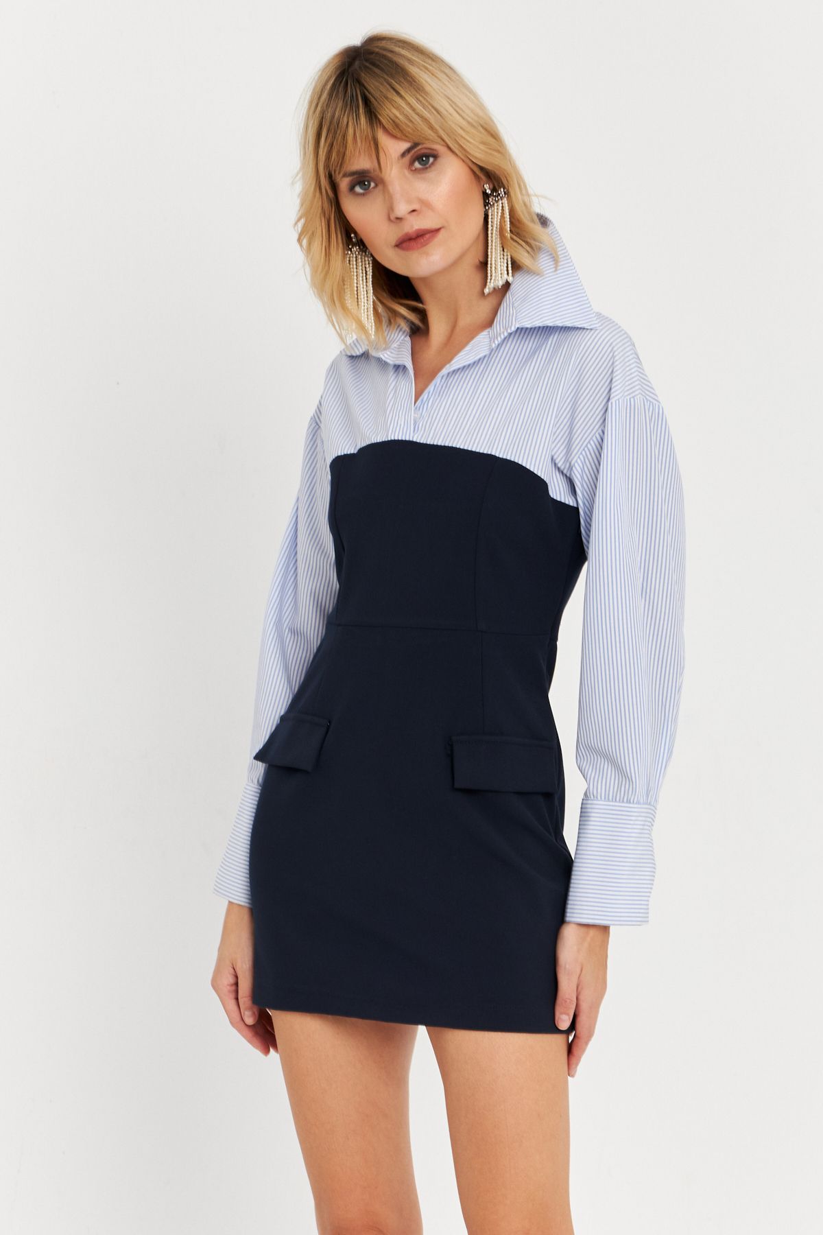 Cool & Sexy-Blaues Shirt-Block-Minikleid für Damen KED3072 3