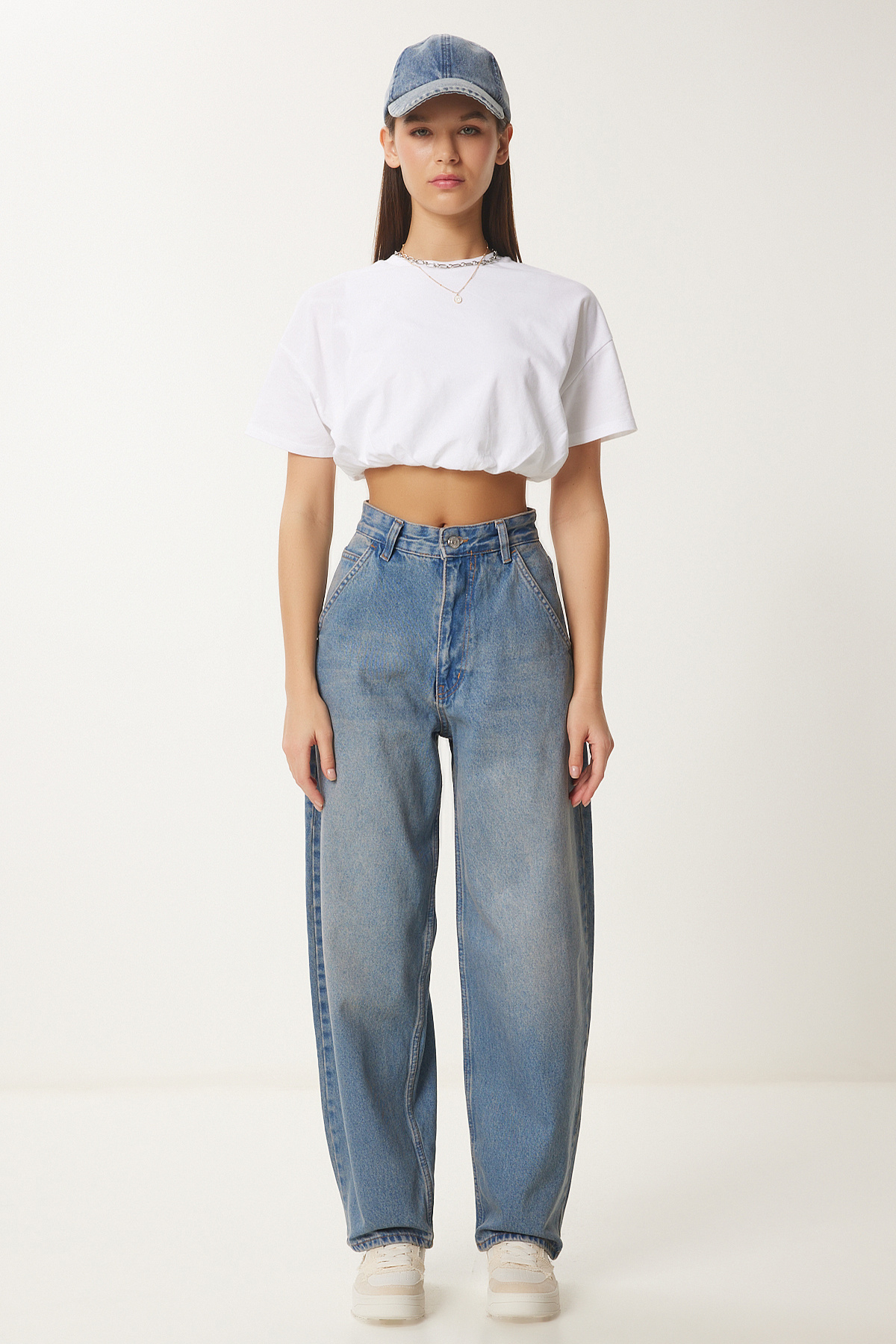 Kadın Mavi Yıkamalı Baggy Jean OK00064