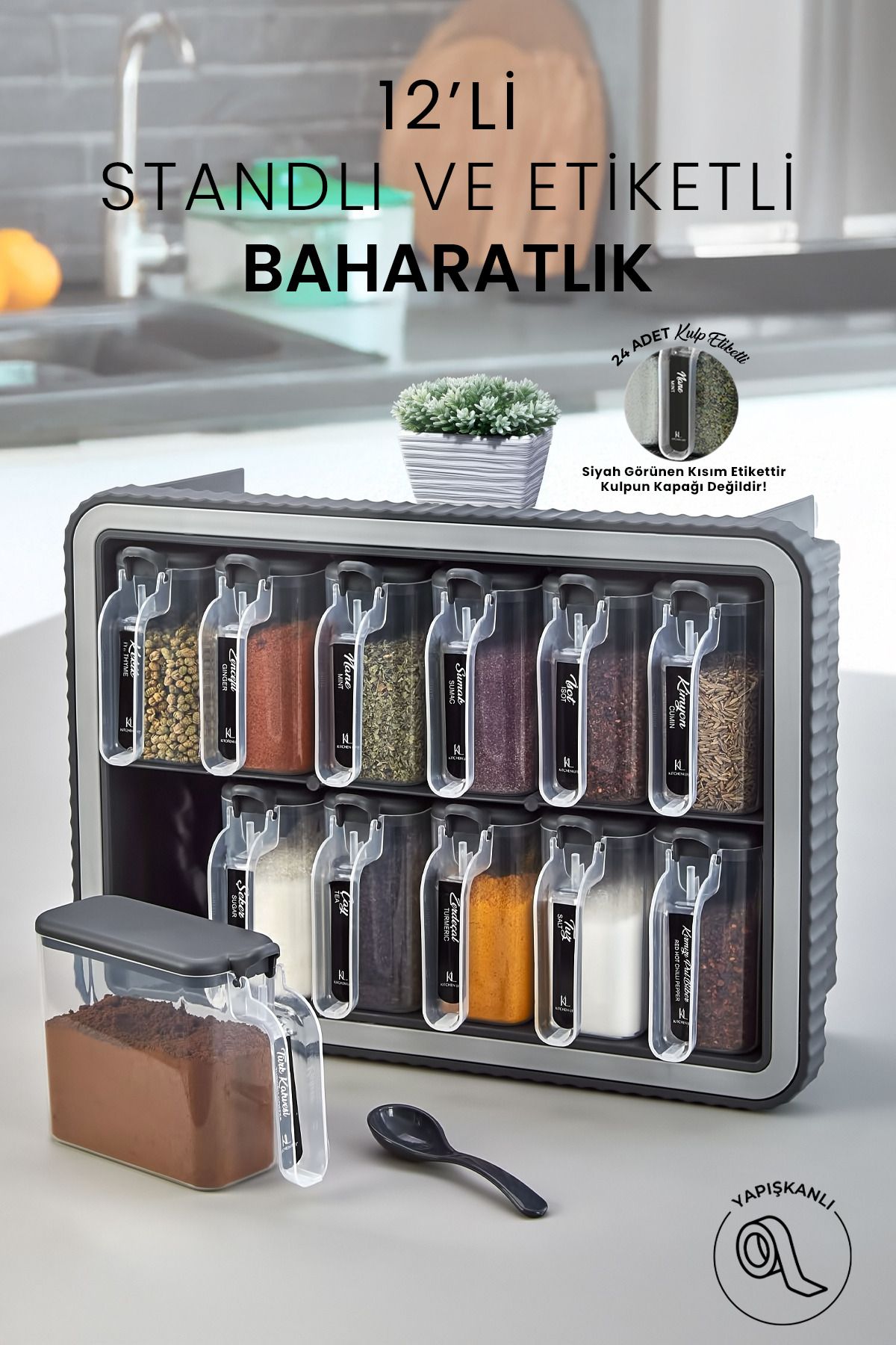 Kitchen Life 12 li Standlı Kendinden Yapışkanlı Kapaklı Kaşıklı Baharatlık Takımı - Kulplu Baharatlık Standı