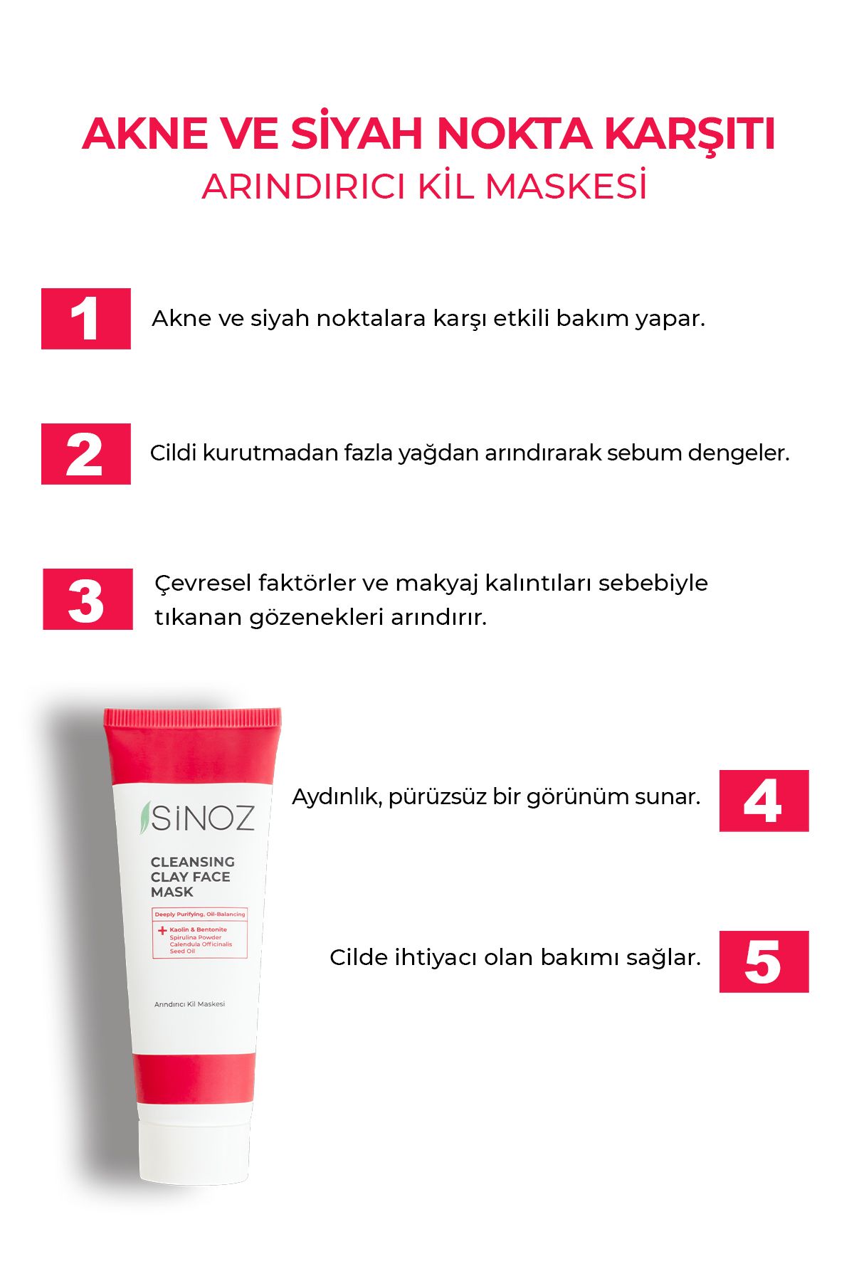 SİNOZ-Anti-Akne- und Mitesser-Reinigungs-Gesichtspflege-Tonmaske 50 ml für jede Haut 2