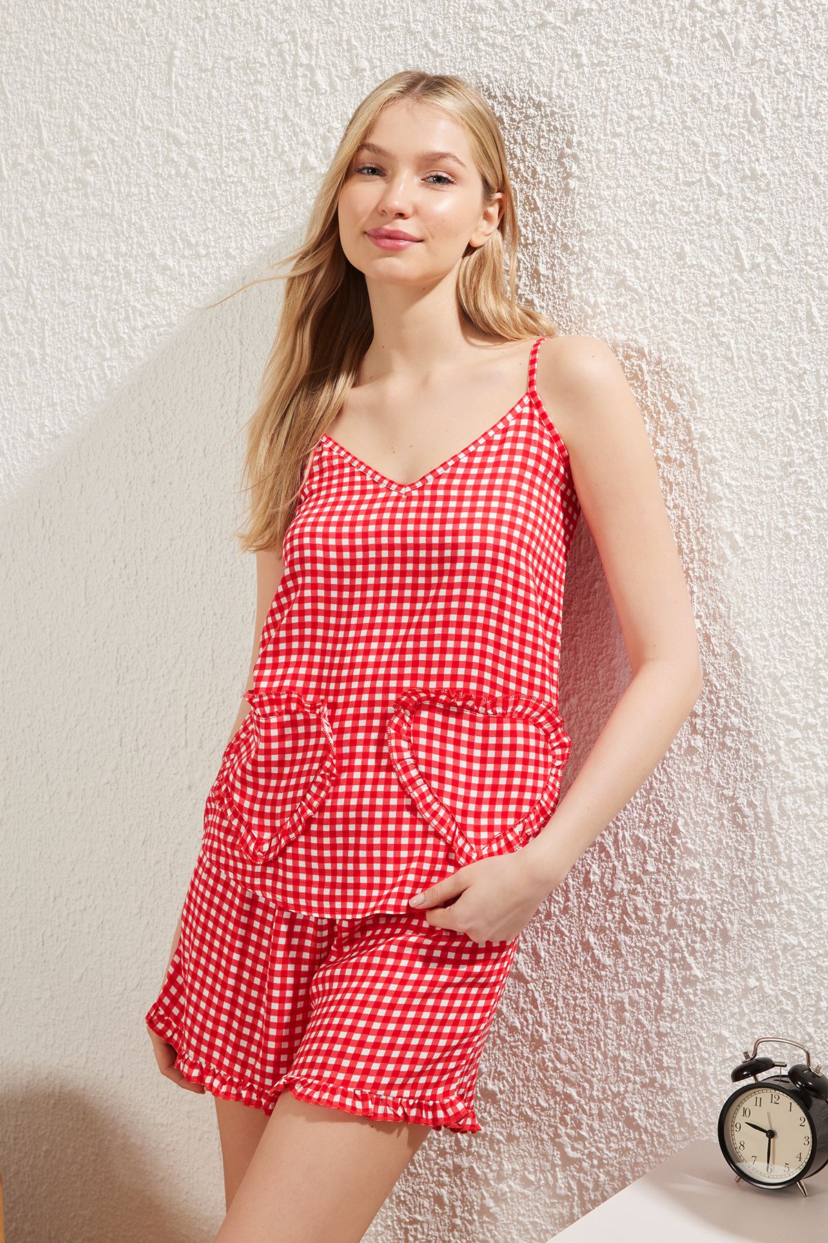 Trendyol Collection-Plaid Pattern Red Heart and Ruffle Shorts Pajama Set - Thmss25Pt00221 2