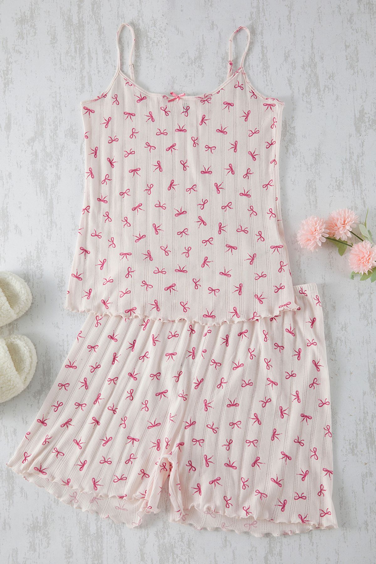 Trendyol Curve-Pink Ribbon/Bow Pattern Pointel Openwork/Hole Knitted Pajamas Set 7