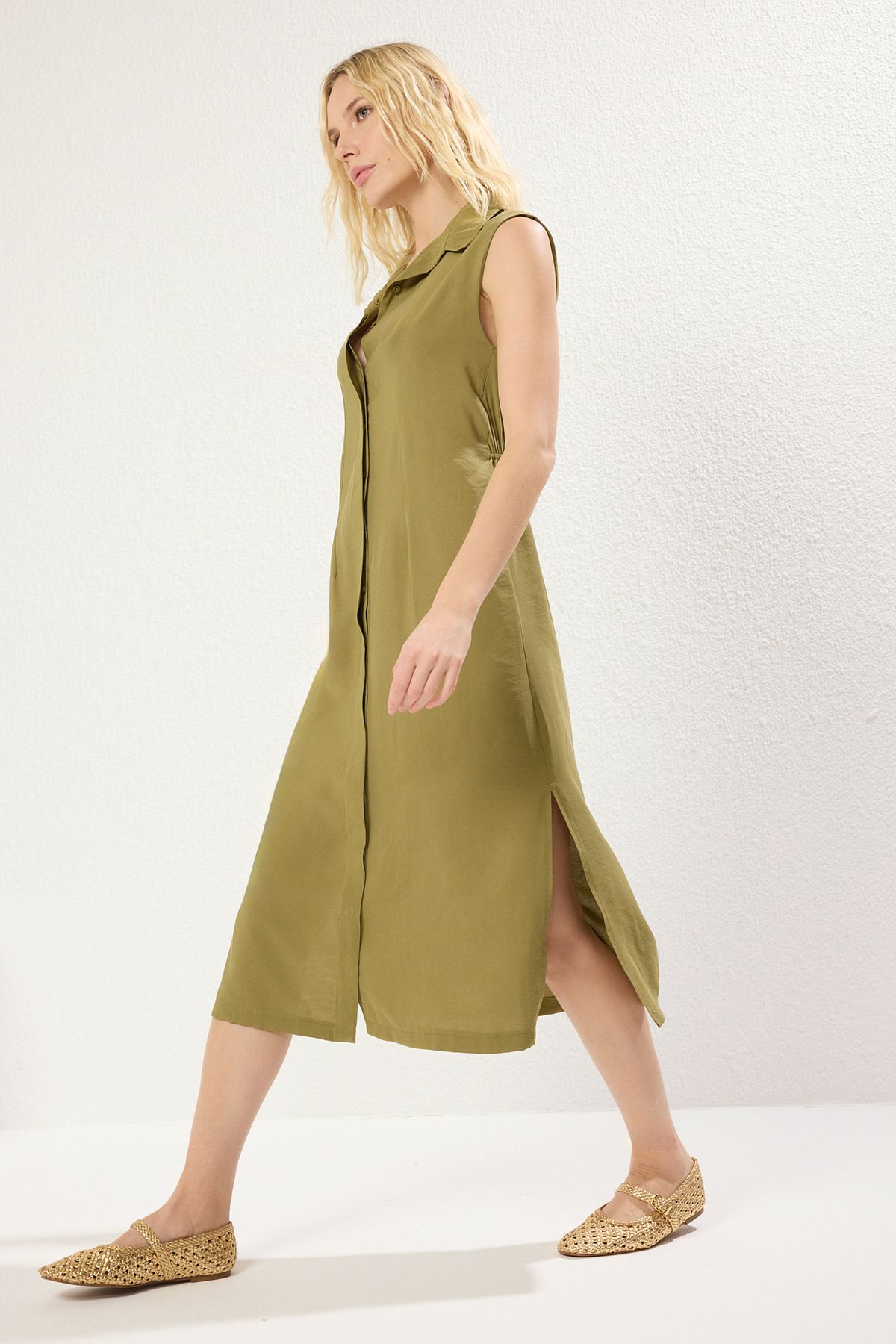 Trendyol Collection-Khaki Plain Midi Woven Dress Twoss25El00281 2