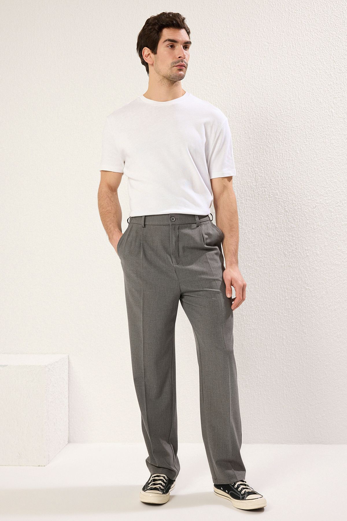 Trendyol Collection-Γκρι παντελόνι Wideleg φαρδύ άνετο υφαντό παντελόνι TMNSS25PL00009 4